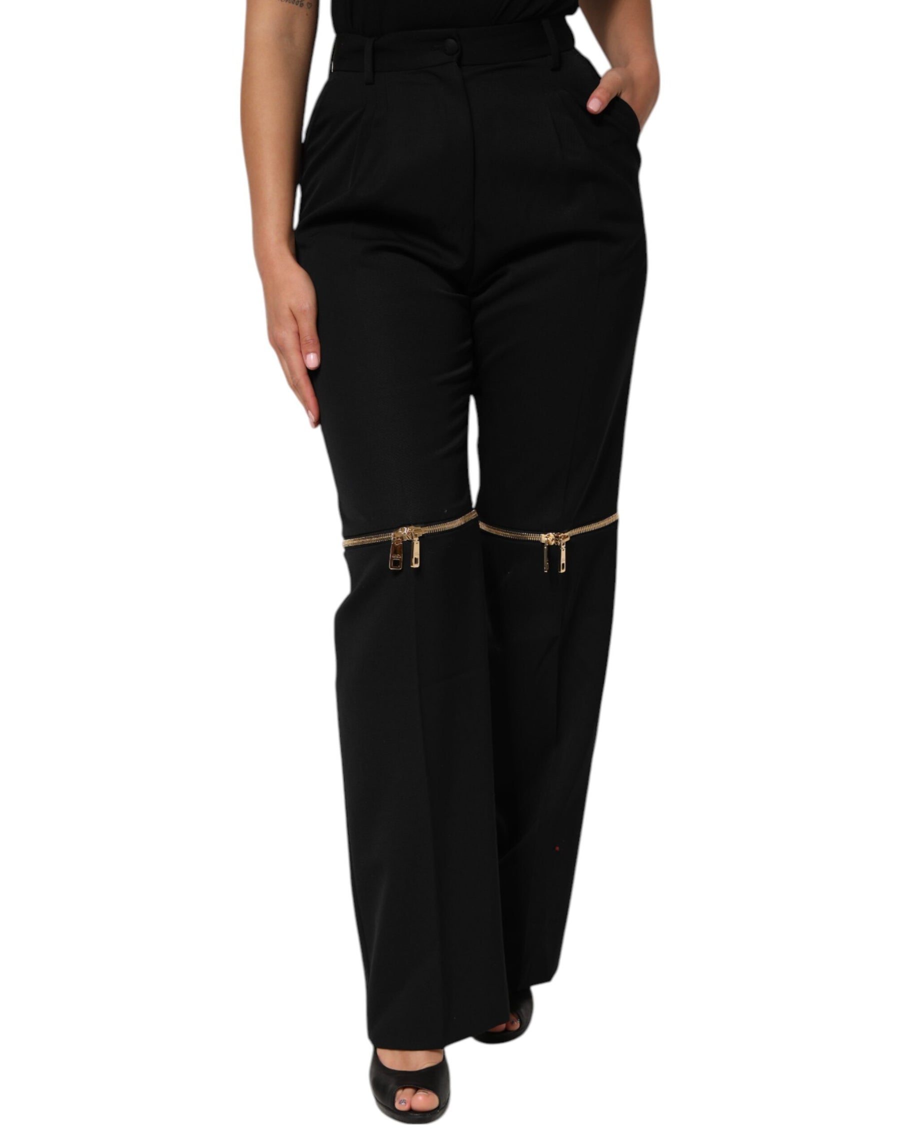 Dolce & Gabbana Black Zip Detailed Wool Straight Leg Pants | Regal Royce