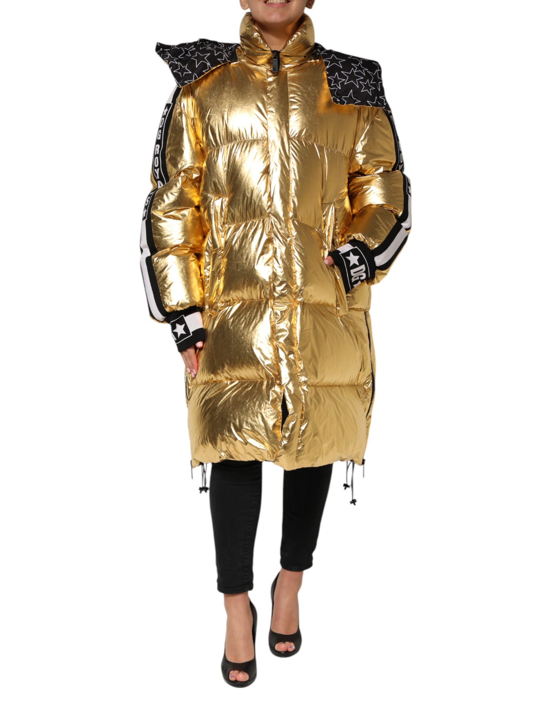 Dolce & Gabbana Gold Hooded Puffer Quilted Full Zip Jacket | Regal Royce