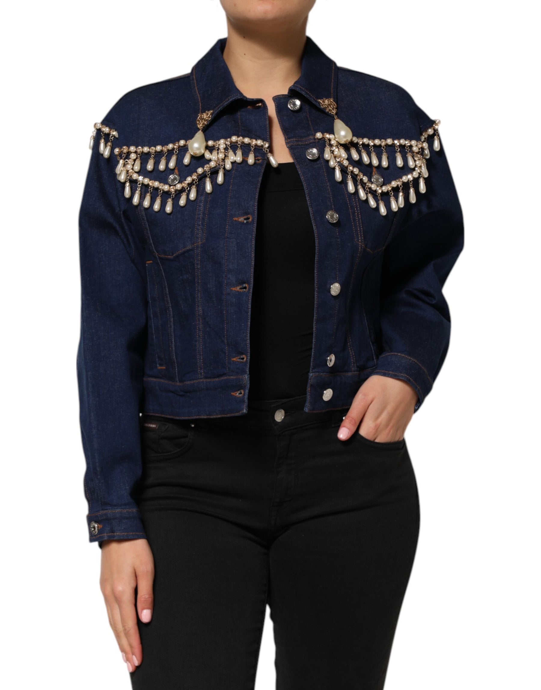 Dolce & Gabbana Blue Cotton Denim Crystal Embellished Jacket | Regal Royce