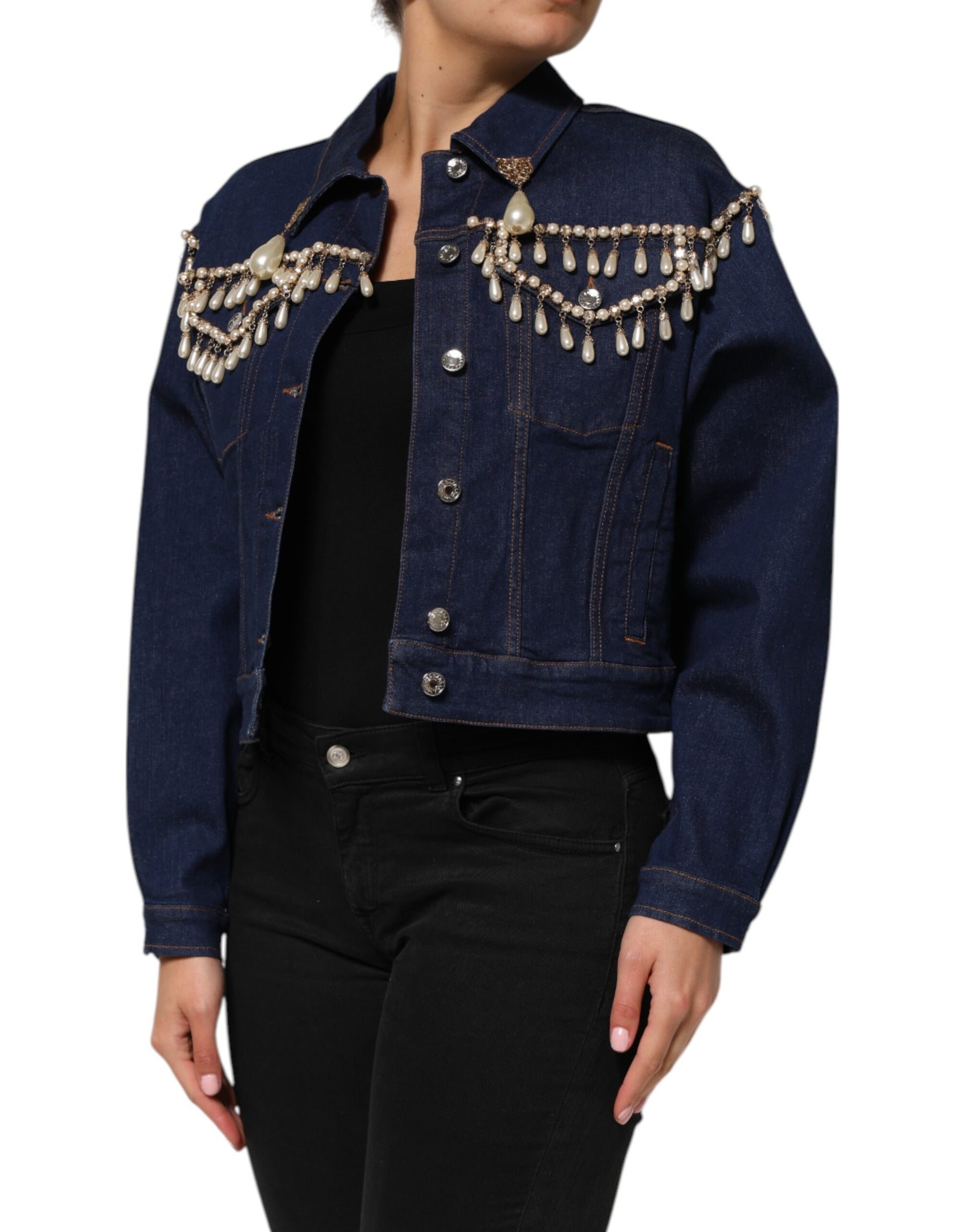 Dolce & Gabbana Blue Cotton Denim Crystal Embellished Jacket | Regal Royce