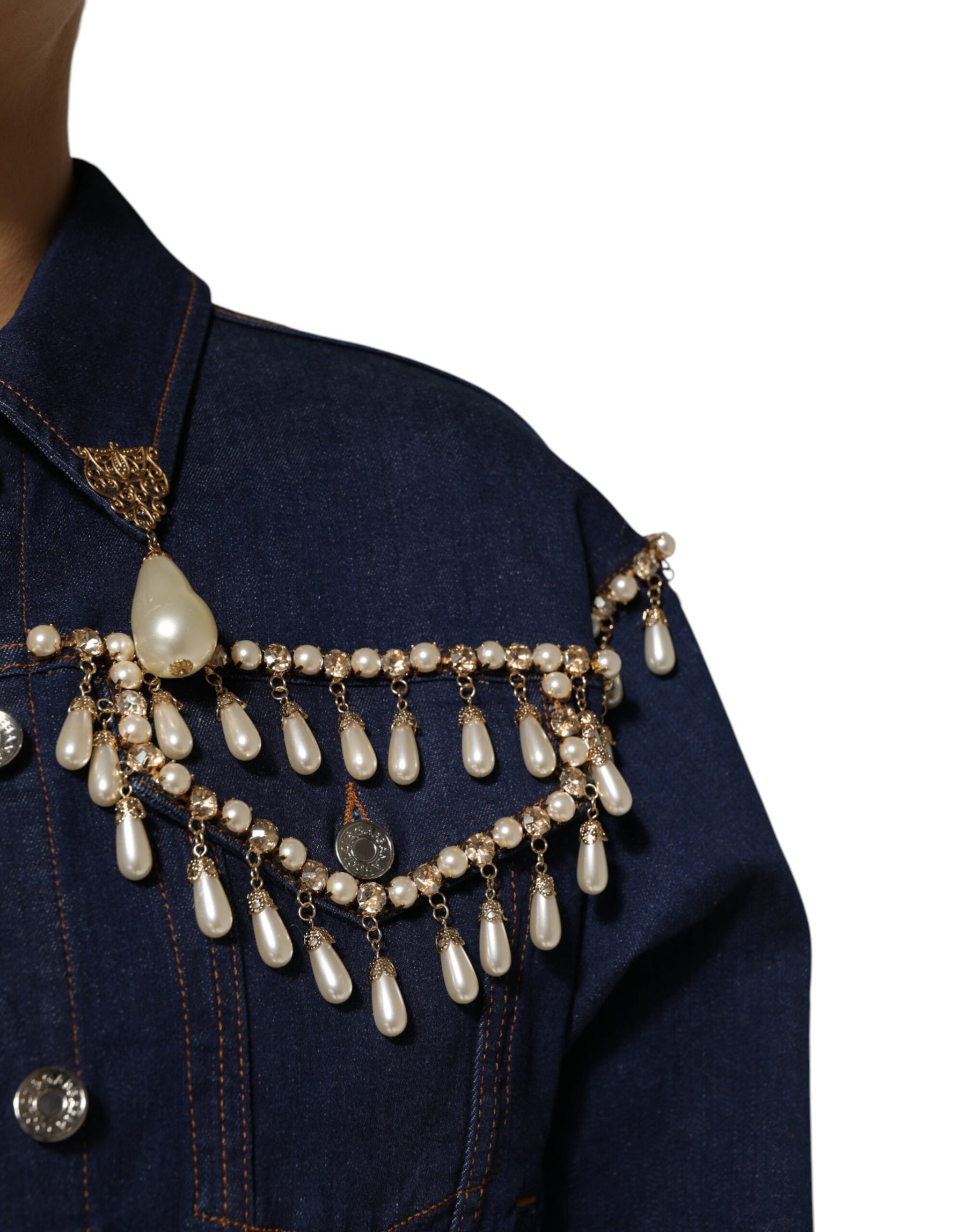 Dolce & Gabbana Blue Cotton Denim Crystal Embellished Jacket | Regal Royce