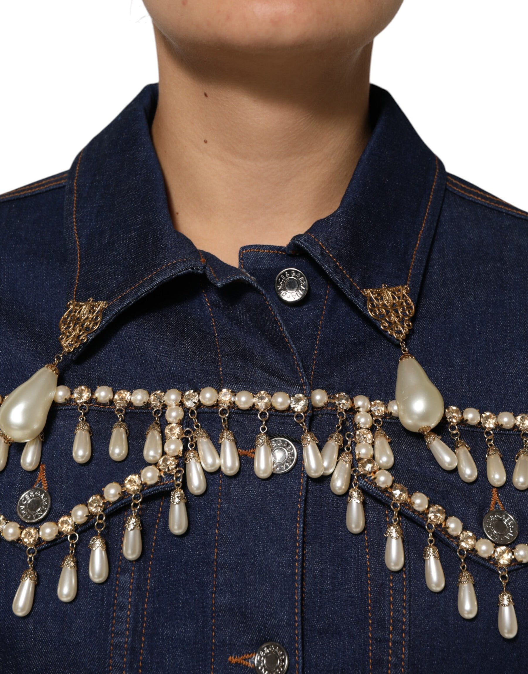 Dolce & Gabbana Blue Cotton Denim Crystal Embellished Jacket | Regal Royce