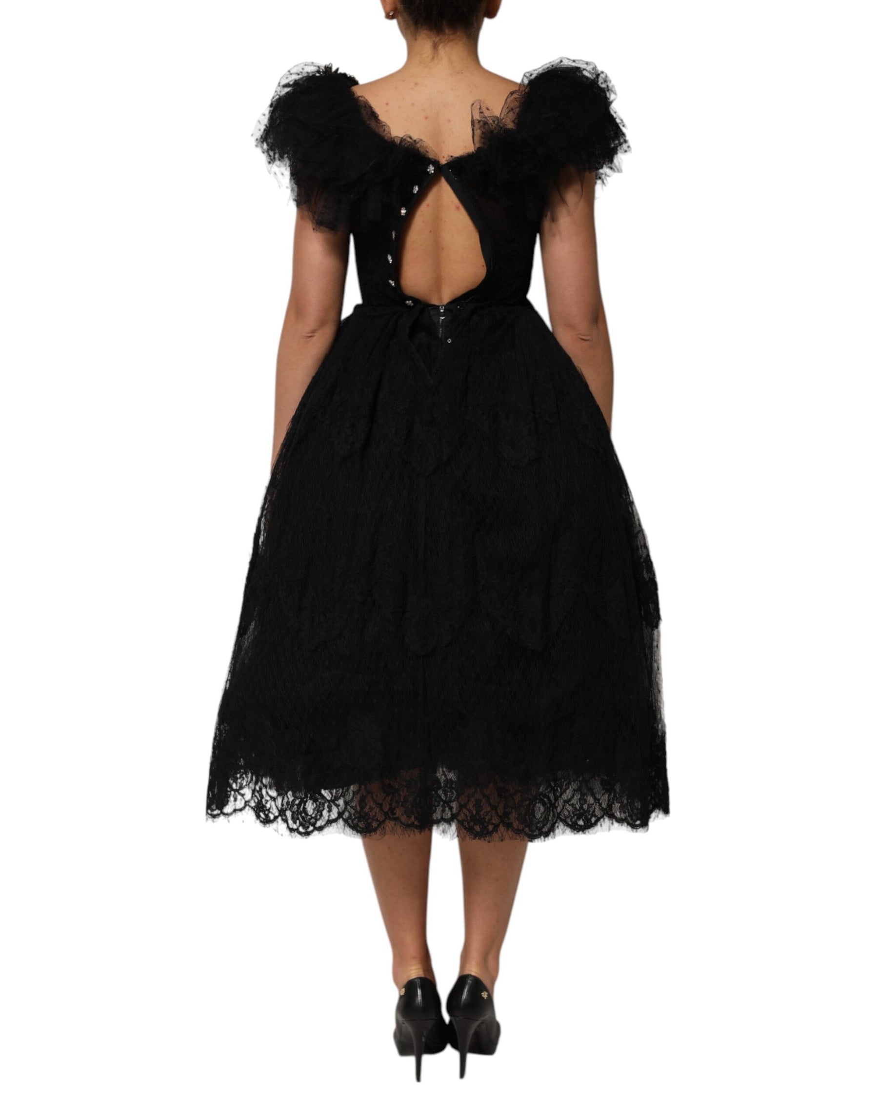 Dolce & Gabbana Black Crystal Embellished Midi A-line Dress | Regal Royce