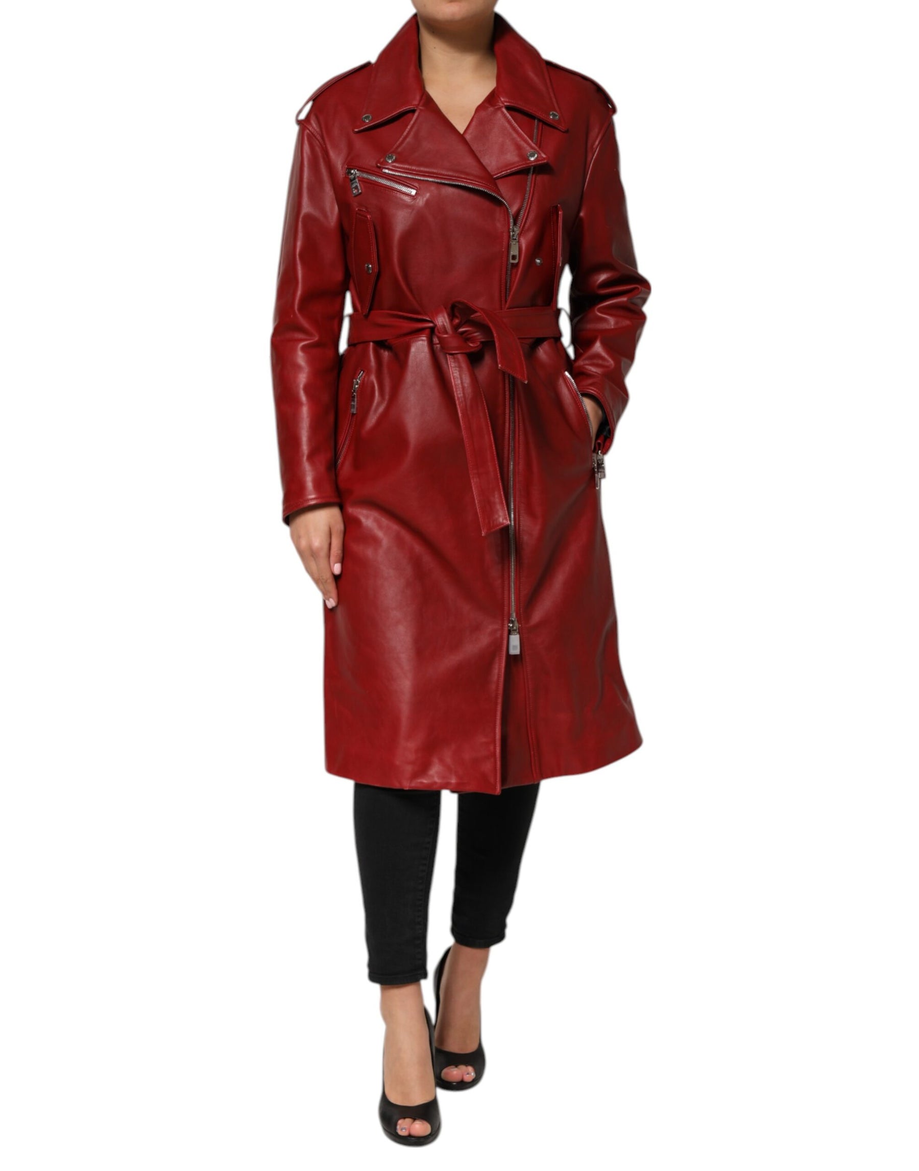 Dolce & Gabbana Red Leather Belted Full Zip Trench Coat Jacket | Regal Royce