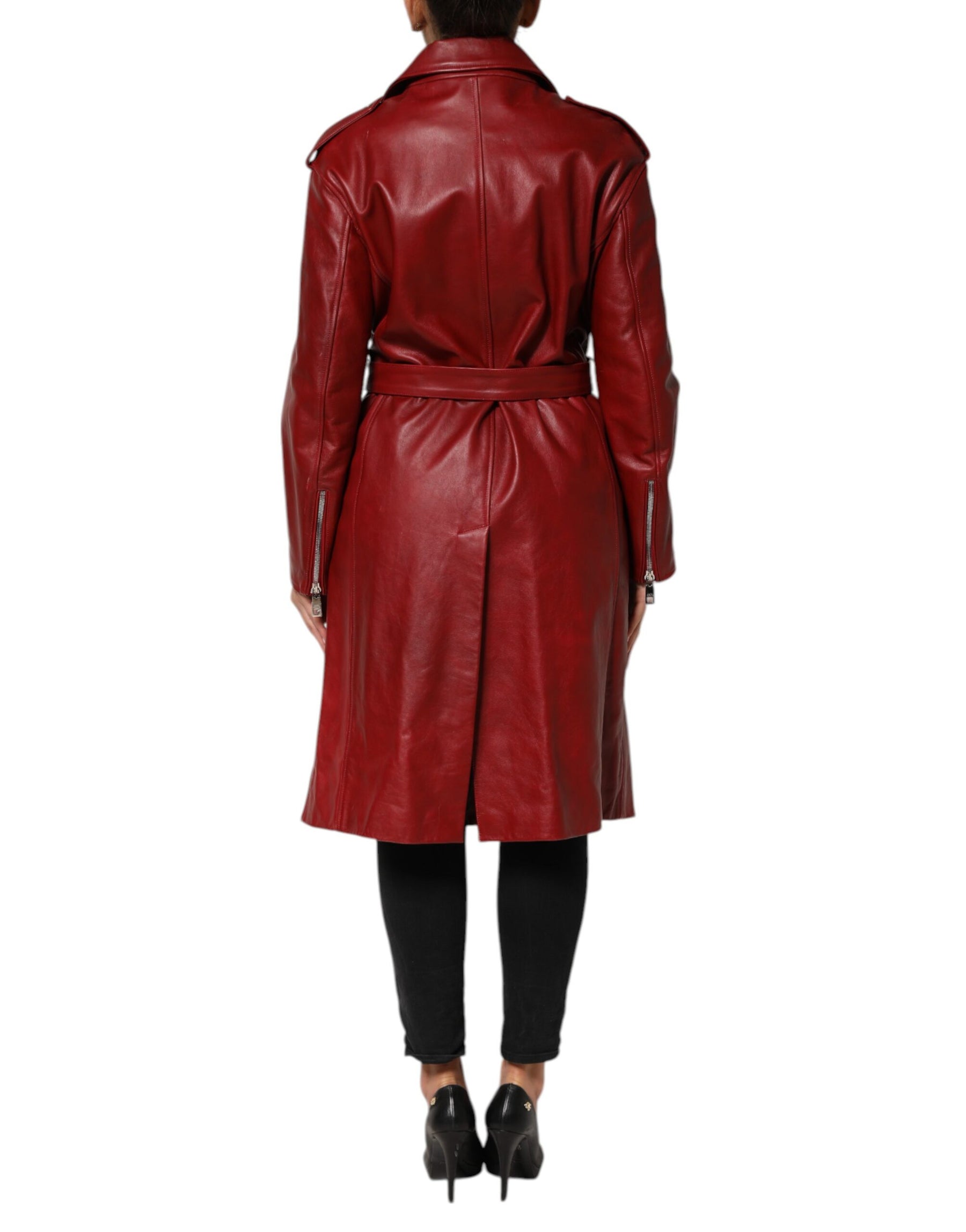 Dolce & Gabbana Red Leather Belted Full Zip Trench Coat Jacket | Regal Royce