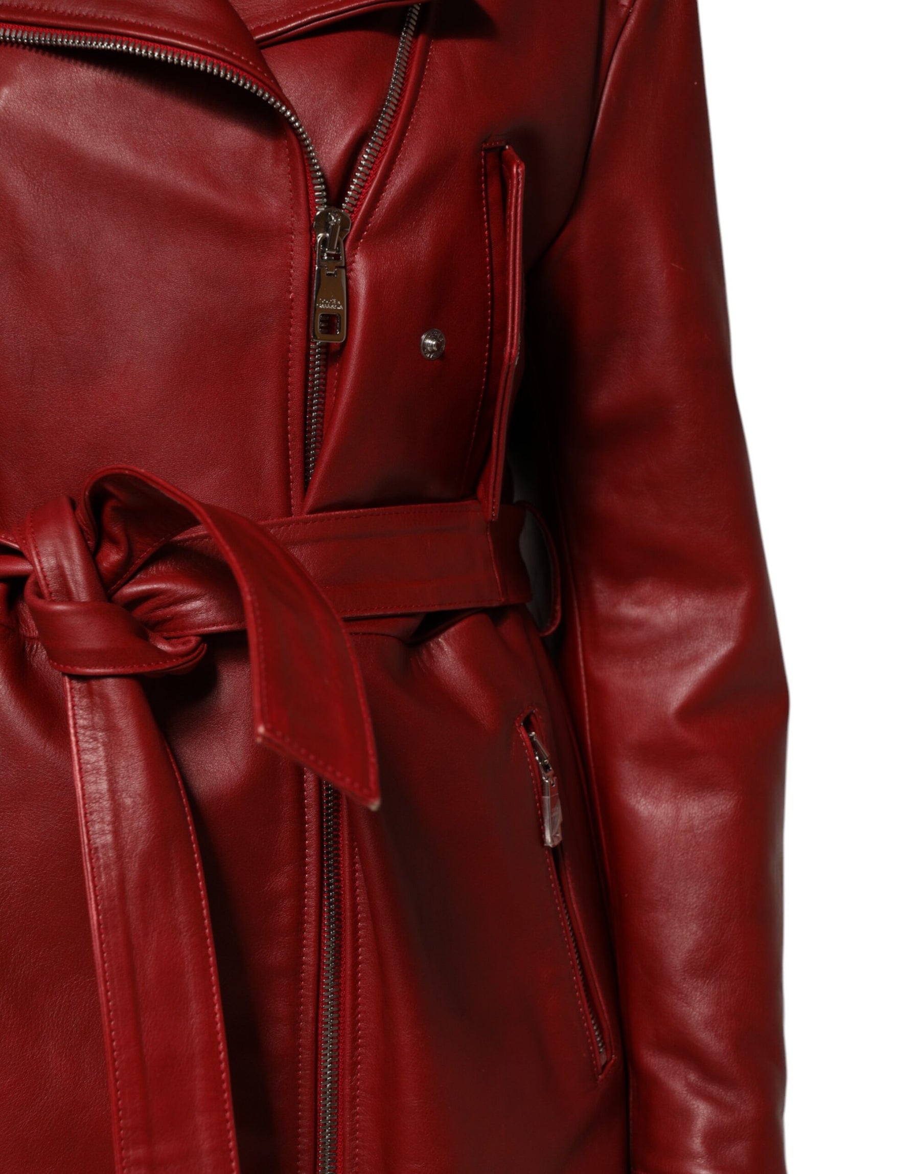 Dolce & Gabbana Red Leather Belted Full Zip Trench Coat Jacket | Regal Royce