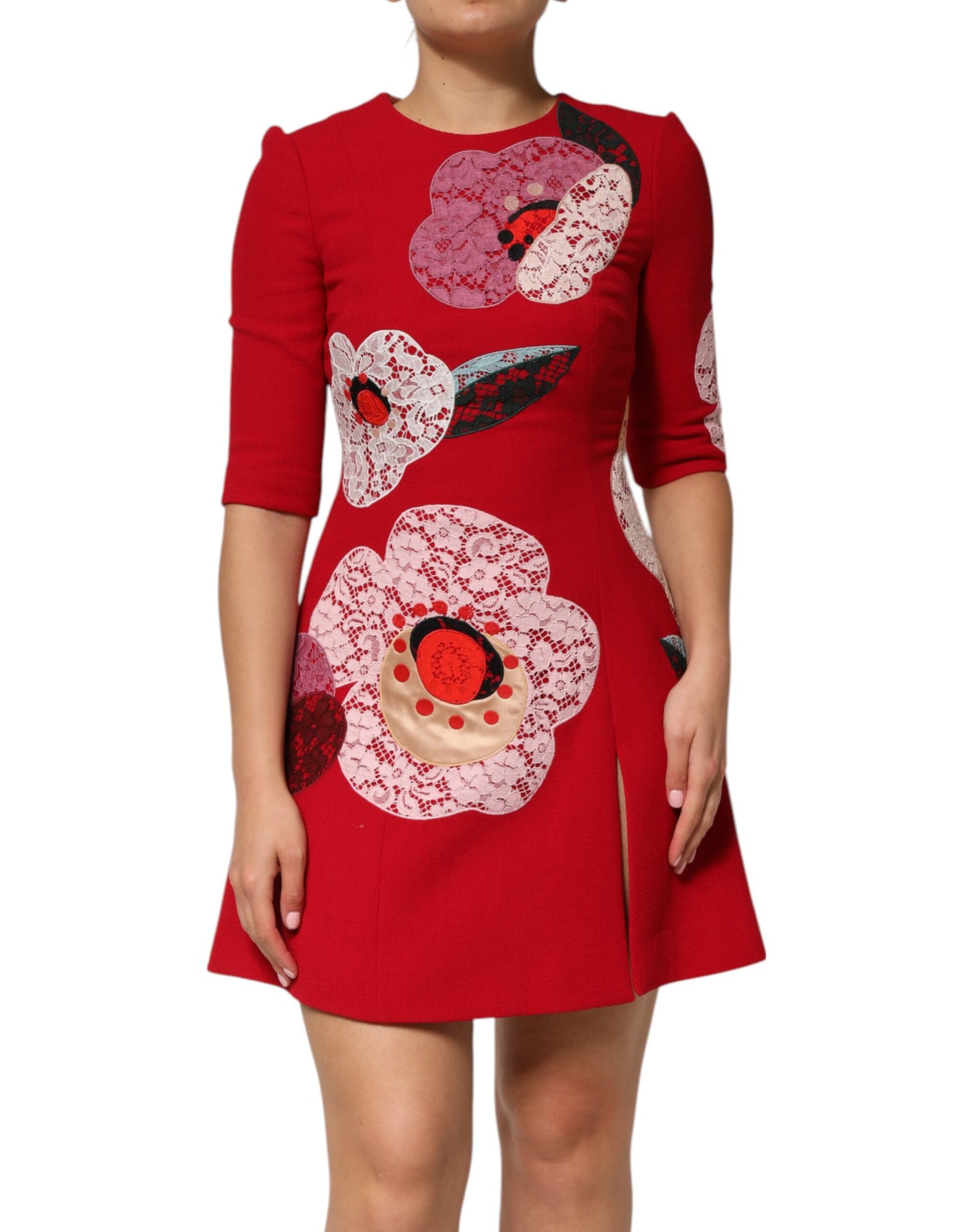 Dolce & Gabbana Red Lace Floral Applique A-line Mini Dress | Regal Royce