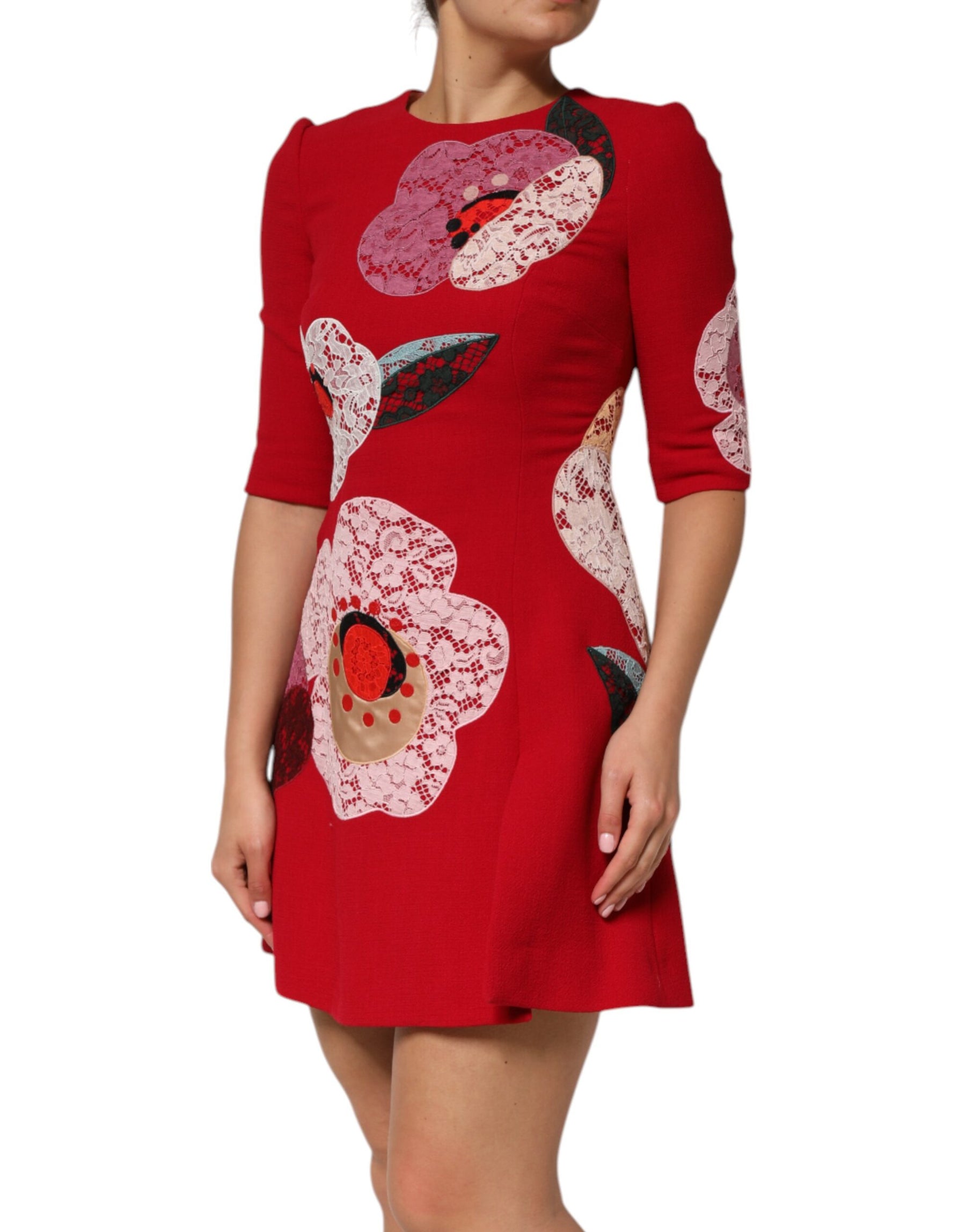 Dolce & Gabbana Red Lace Floral Applique A-line Mini Dress | Regal Royce