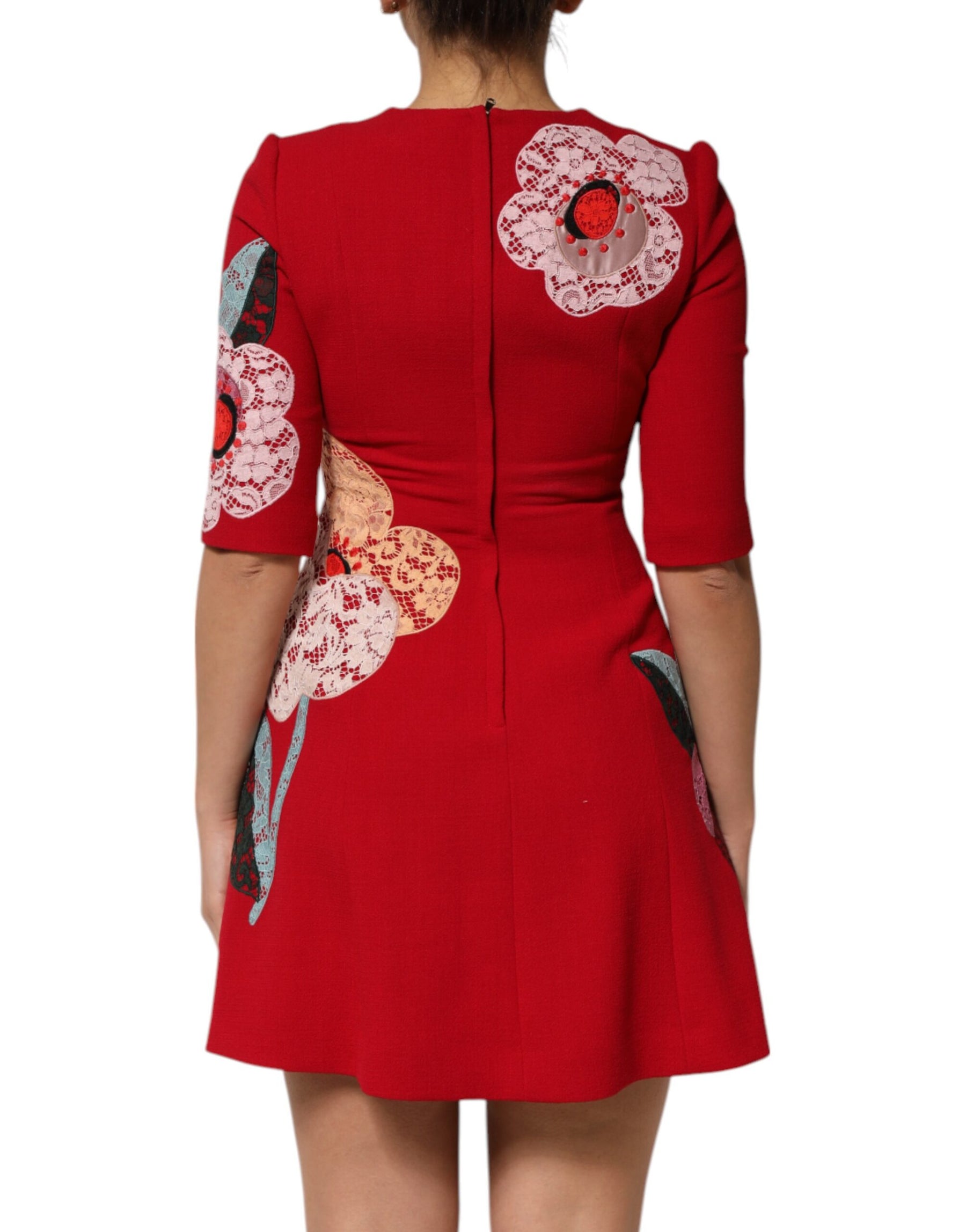 Dolce & Gabbana Red Lace Floral Applique A-line Mini Dress | Regal Royce