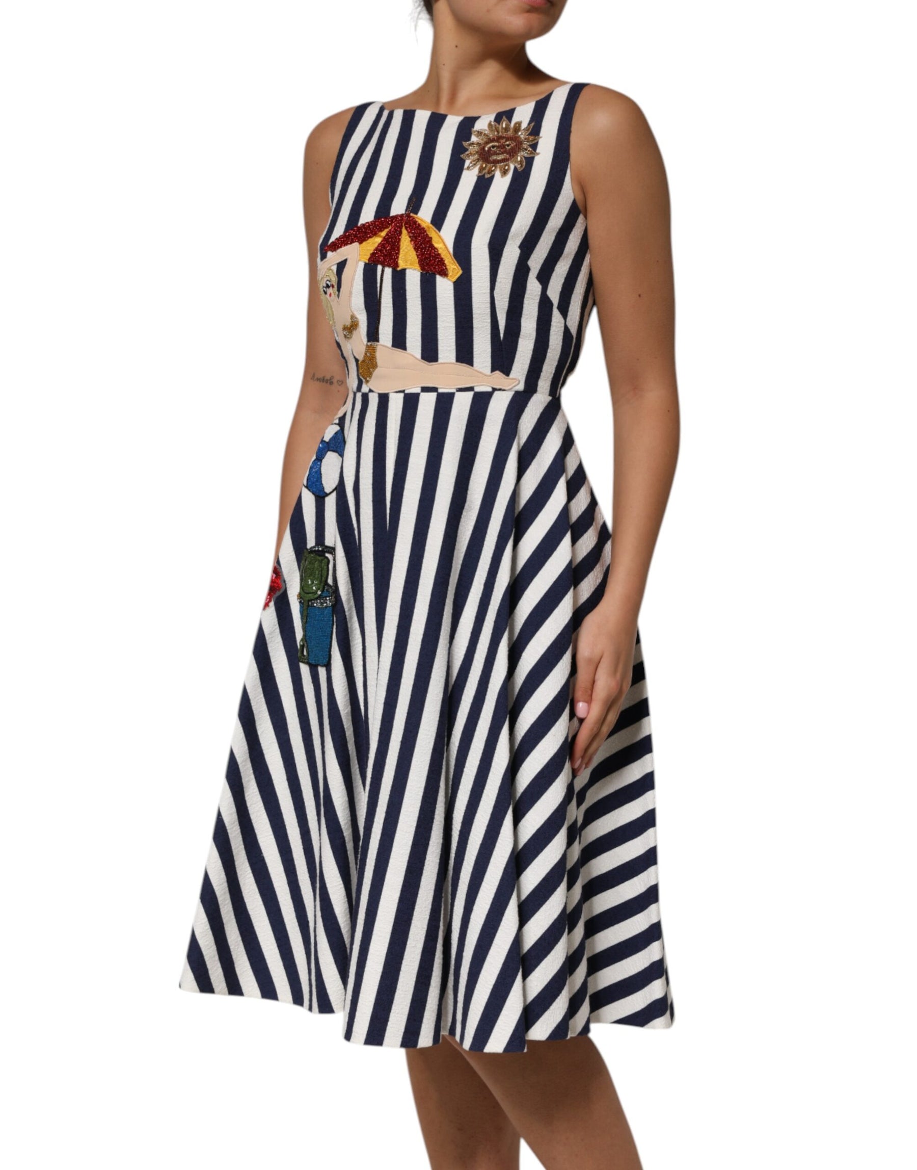 Dolce & Gabbana Blue White Striped Embroidered A-line Dress | Regal Royce
