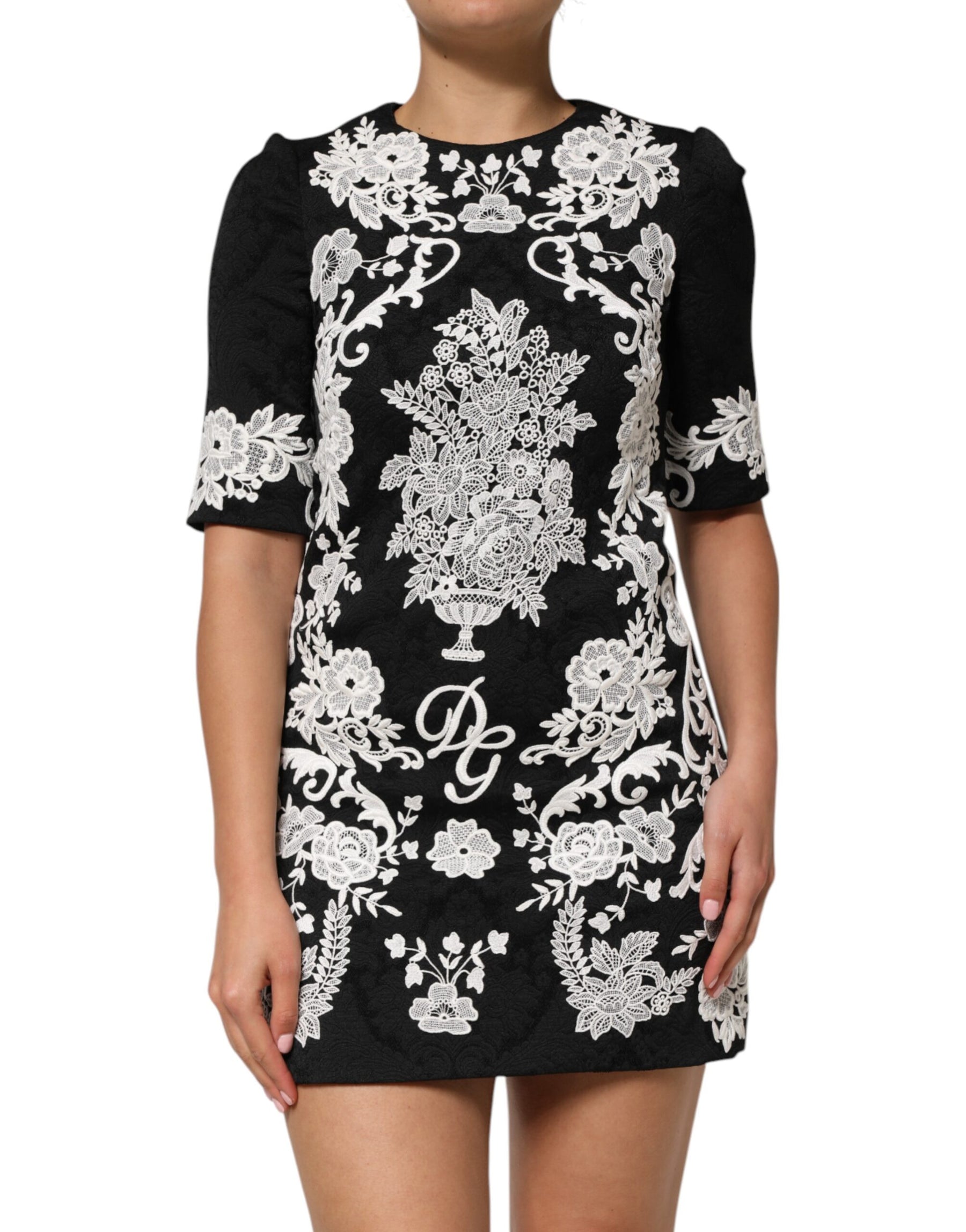 Dolce & Gabbana Black Lace Trim Short Sleeves A-line Dress | Regal Royce