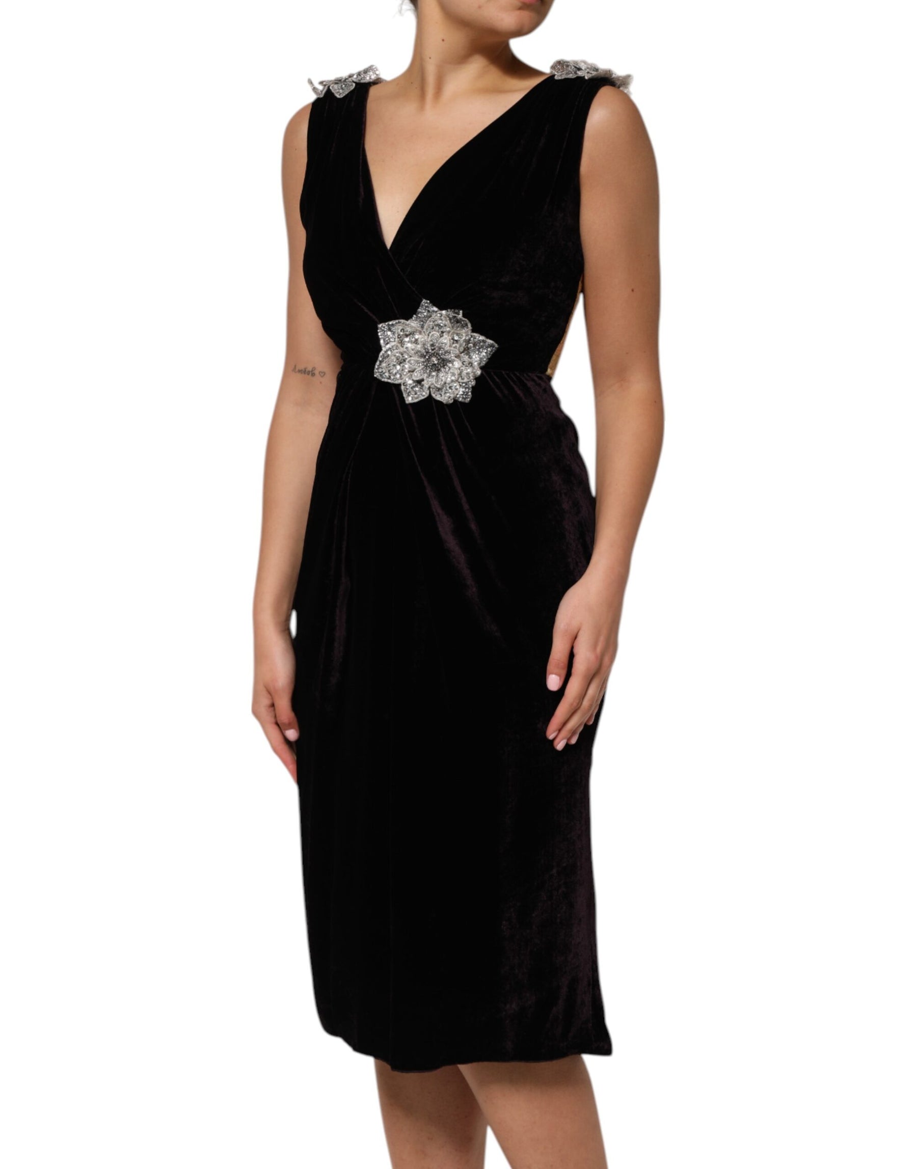 Dolce & Gabbana Black Velvet Flower Embellishment Aline Dress | Regal Royce