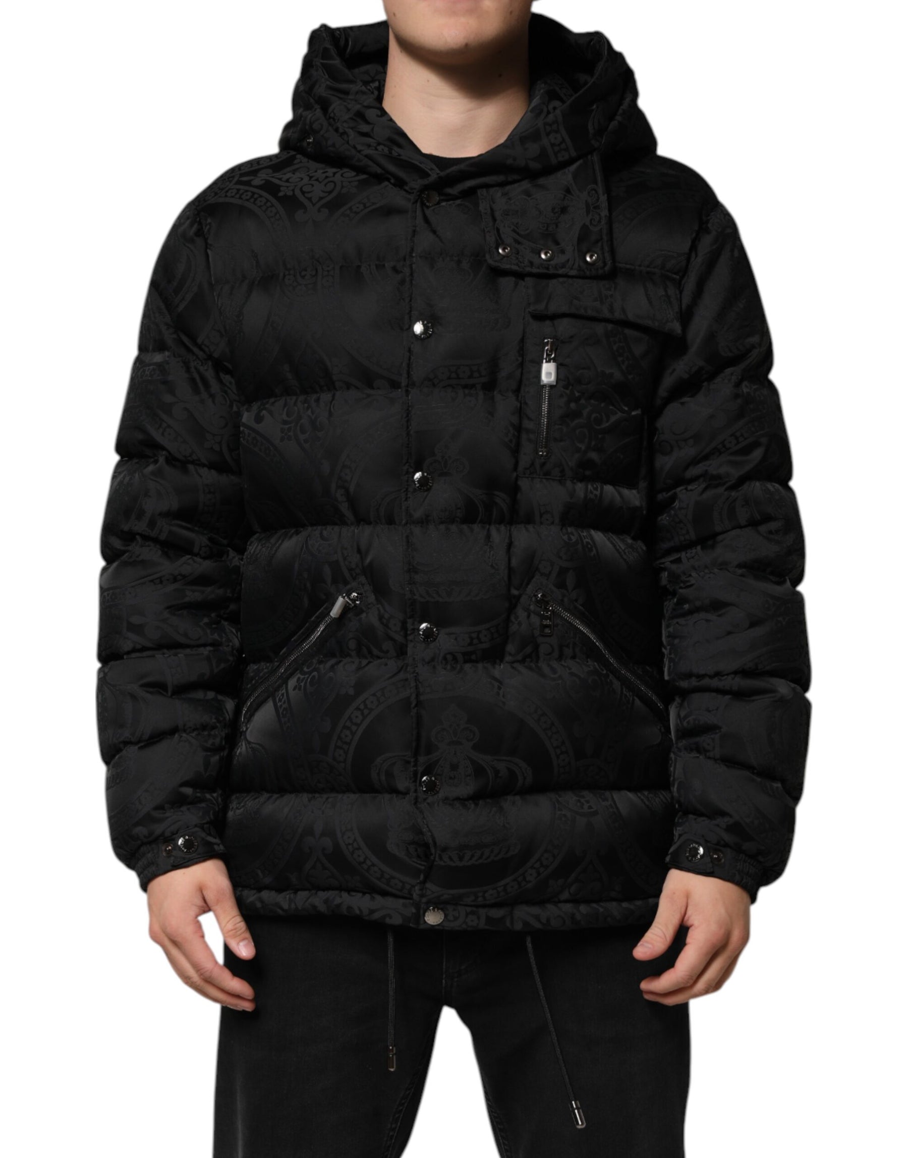 Dolce & Gabbana Black Jacquard Quilted Puffer Hooded Jacket | Regal Royce