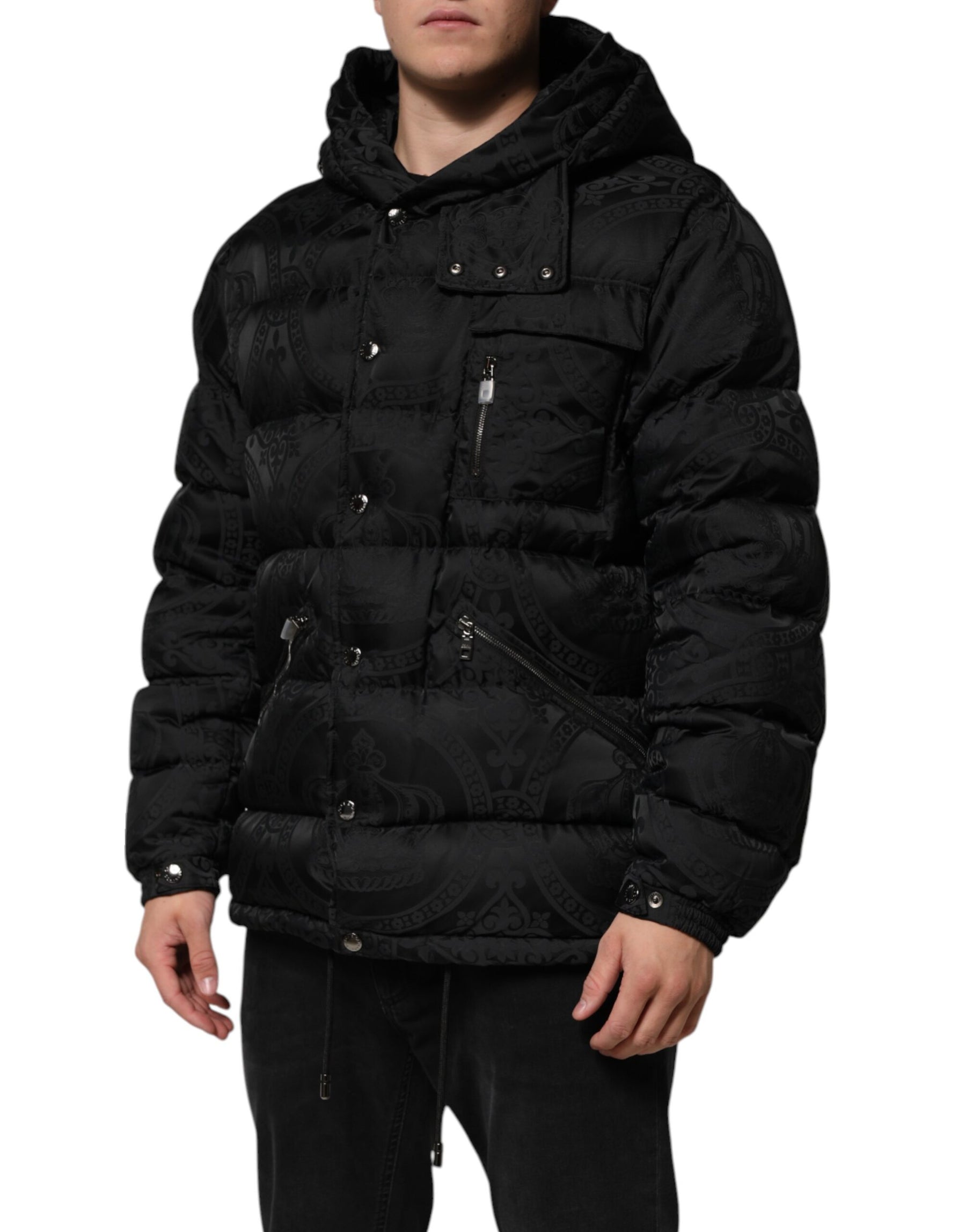 Dolce & Gabbana Black Jacquard Quilted Puffer Hooded Jacket | Regal Royce