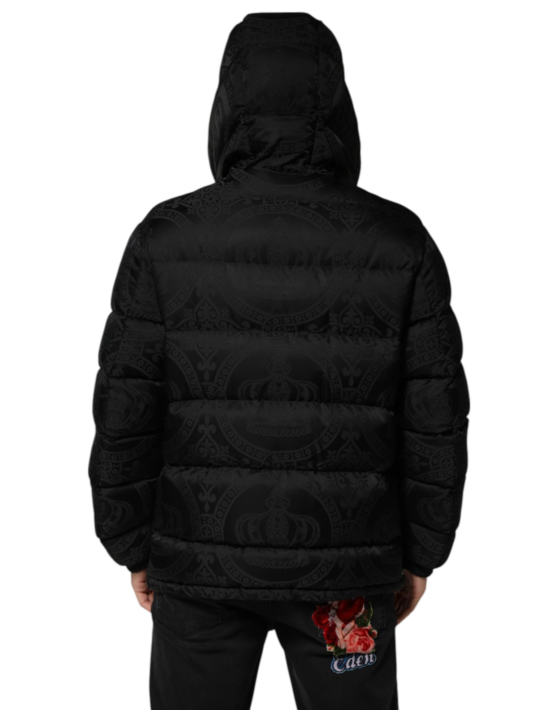 Dolce & Gabbana Black Jacquard Quilted Puffer Hooded Jacket | Regal Royce