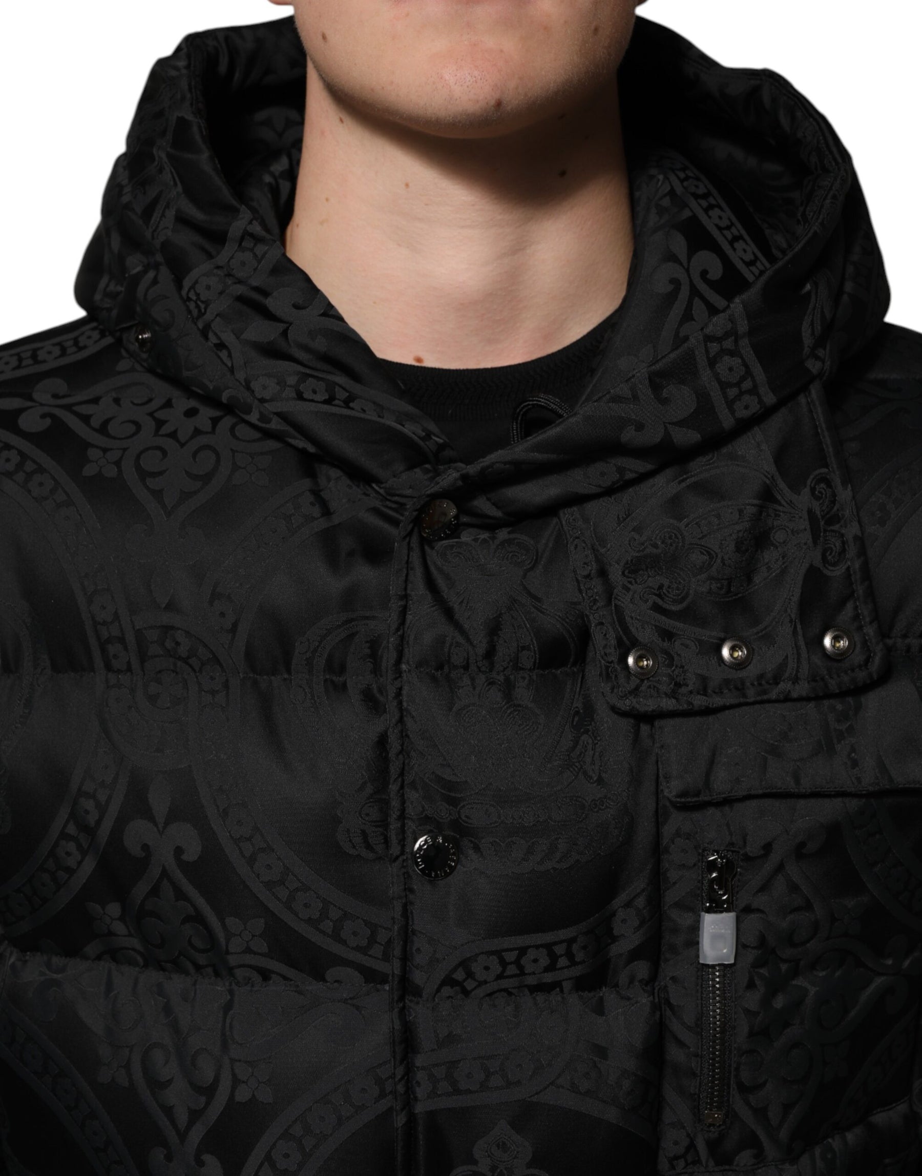 Dolce & Gabbana Black Jacquard Quilted Puffer Hooded Jacket | Regal Royce