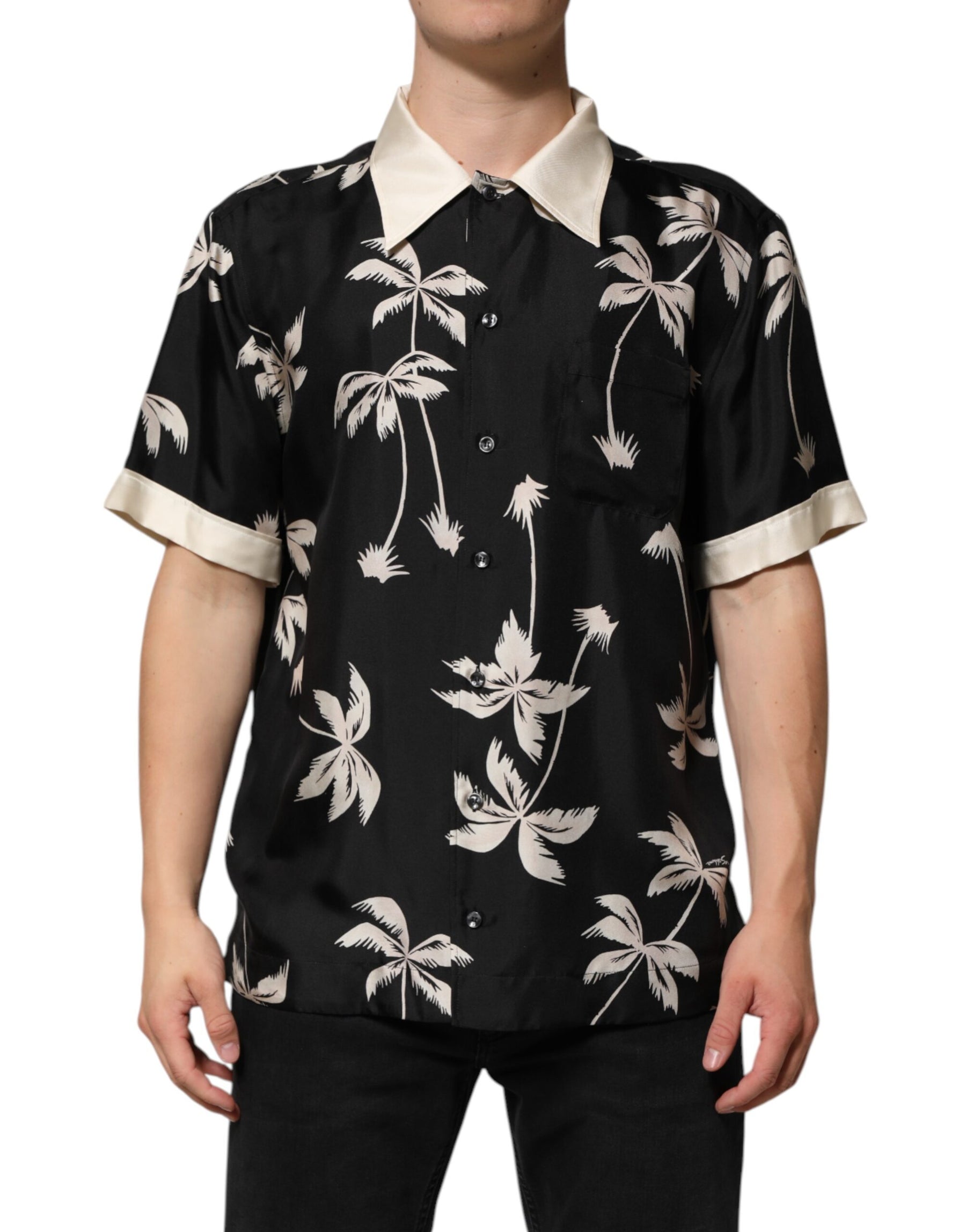 Dolce & Gabbana Black Printed Silk Short Sleeves Casual Shirt | Regal Royce
