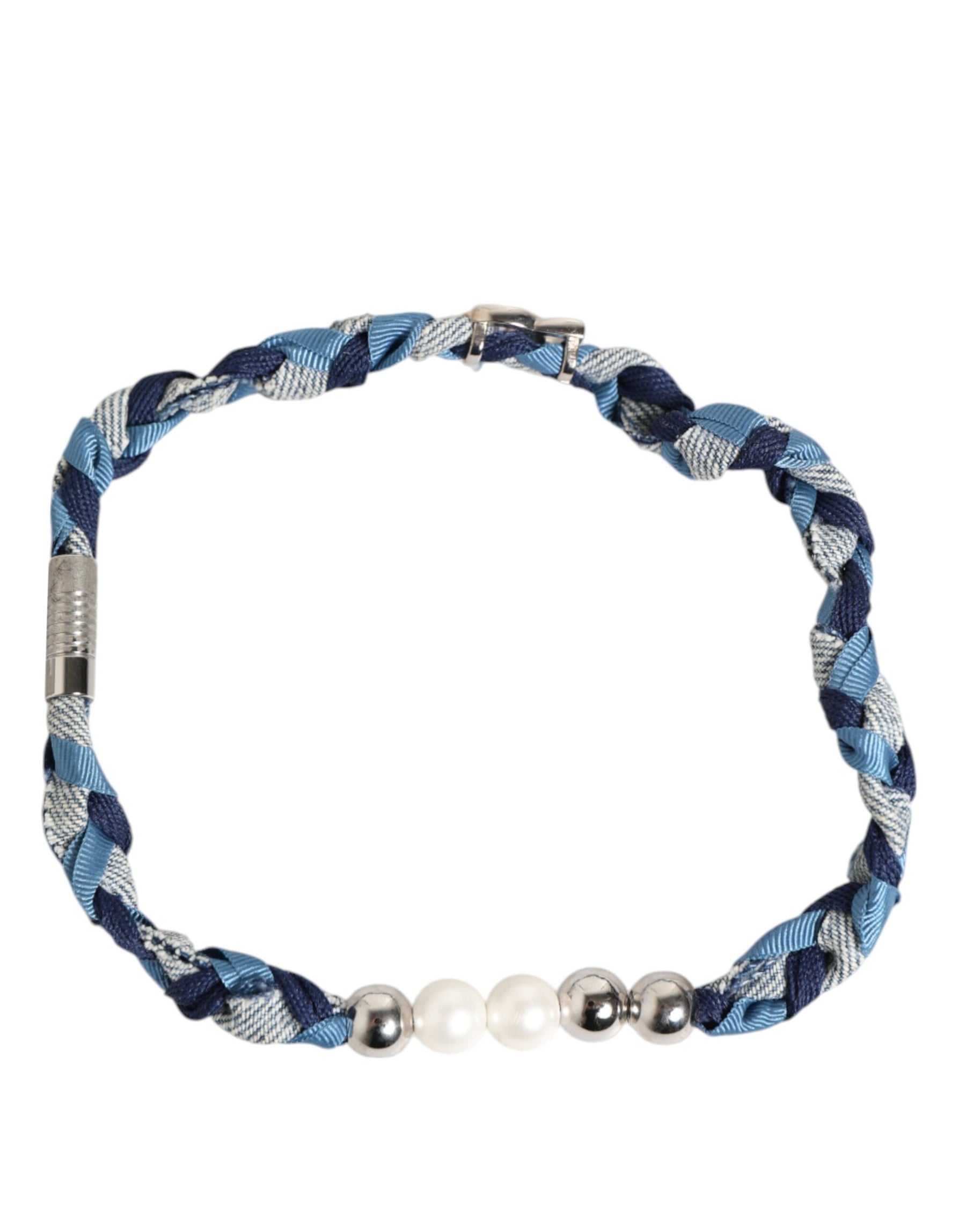 Dolce & Gabbana Blue White Braided Silver Metal Logo Beaded Men Bracelet | Regal Royce