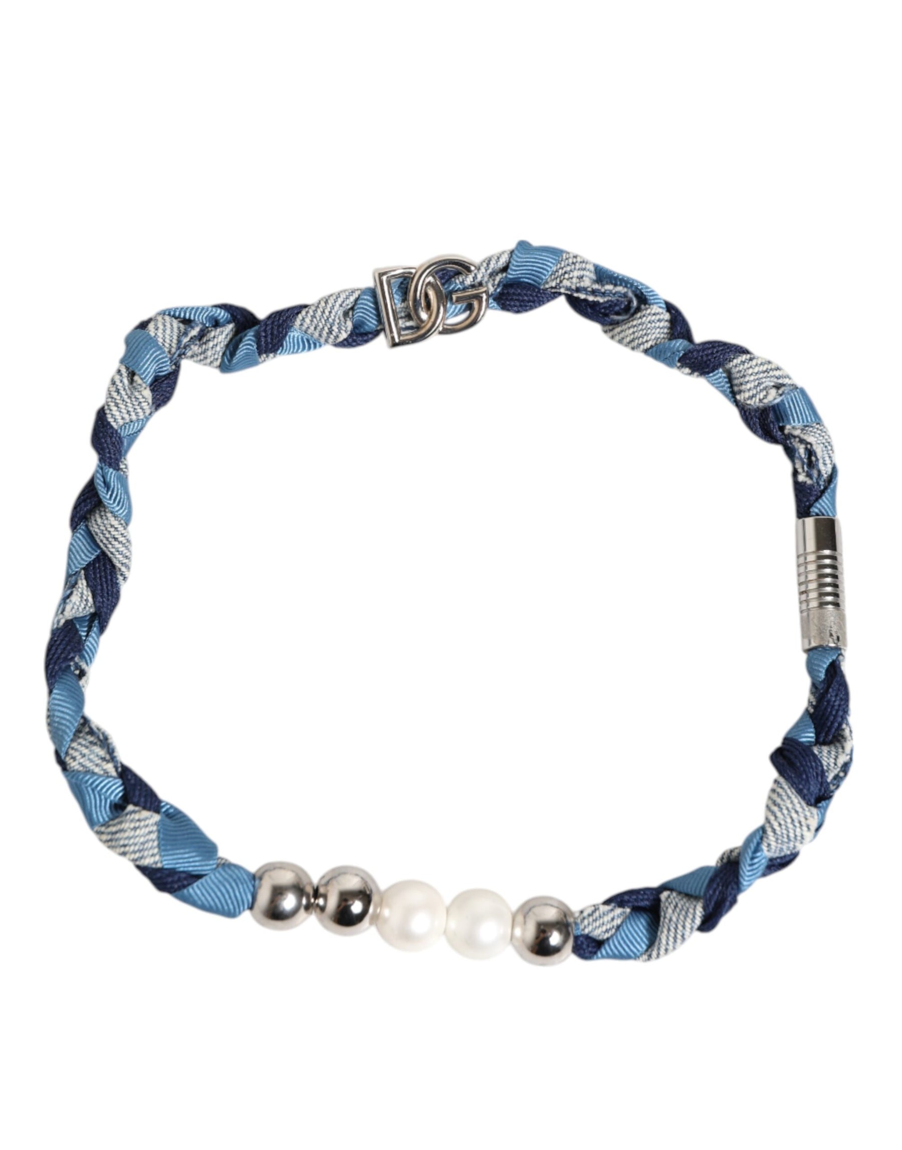 Dolce & Gabbana Blue White Braided Silver Metal Logo Beaded Men Bracelet | Regal Royce