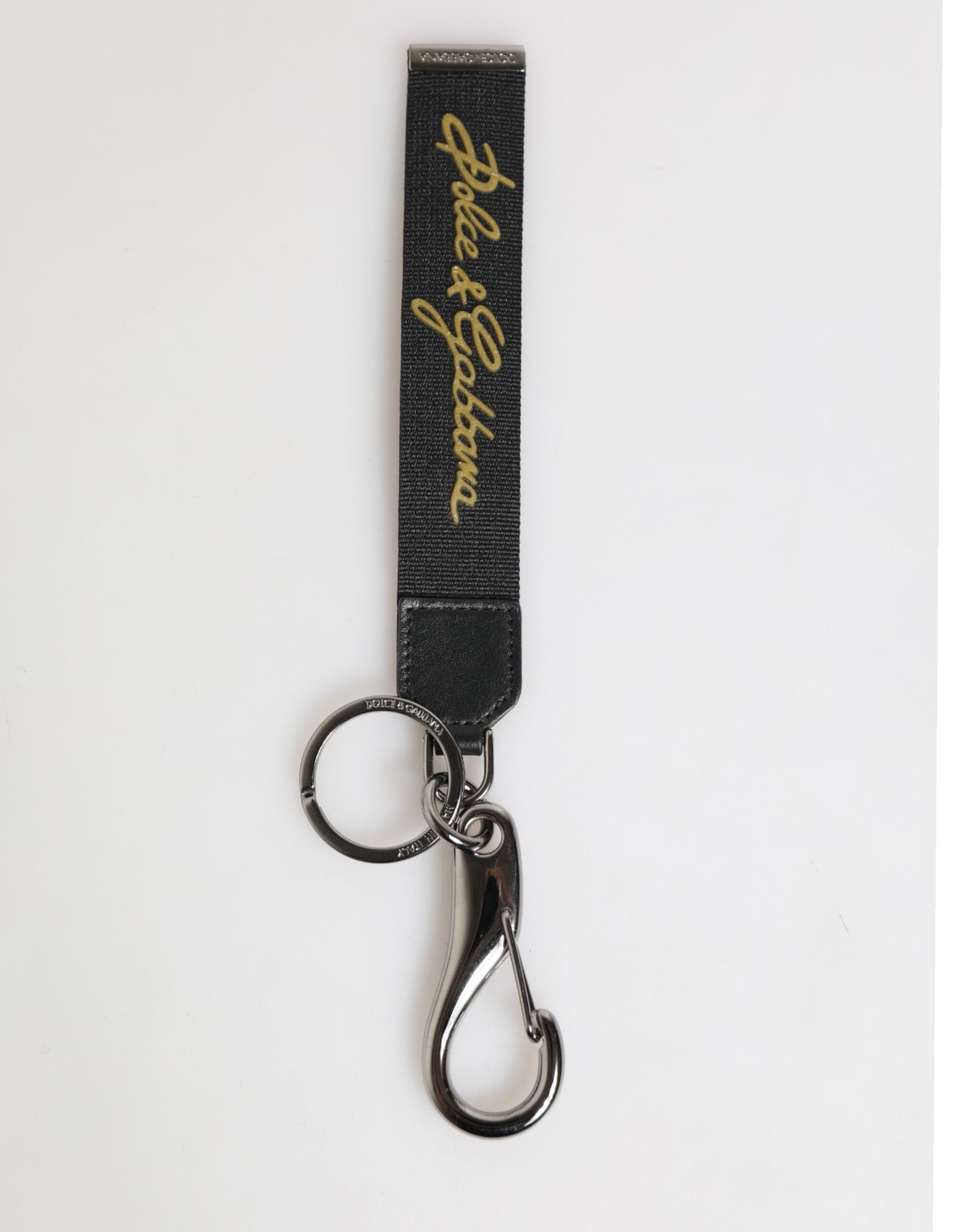 Dolce & Gabbana Black Yellow Polyester DG Logo Silver Keychain Keyring | Regal Royce