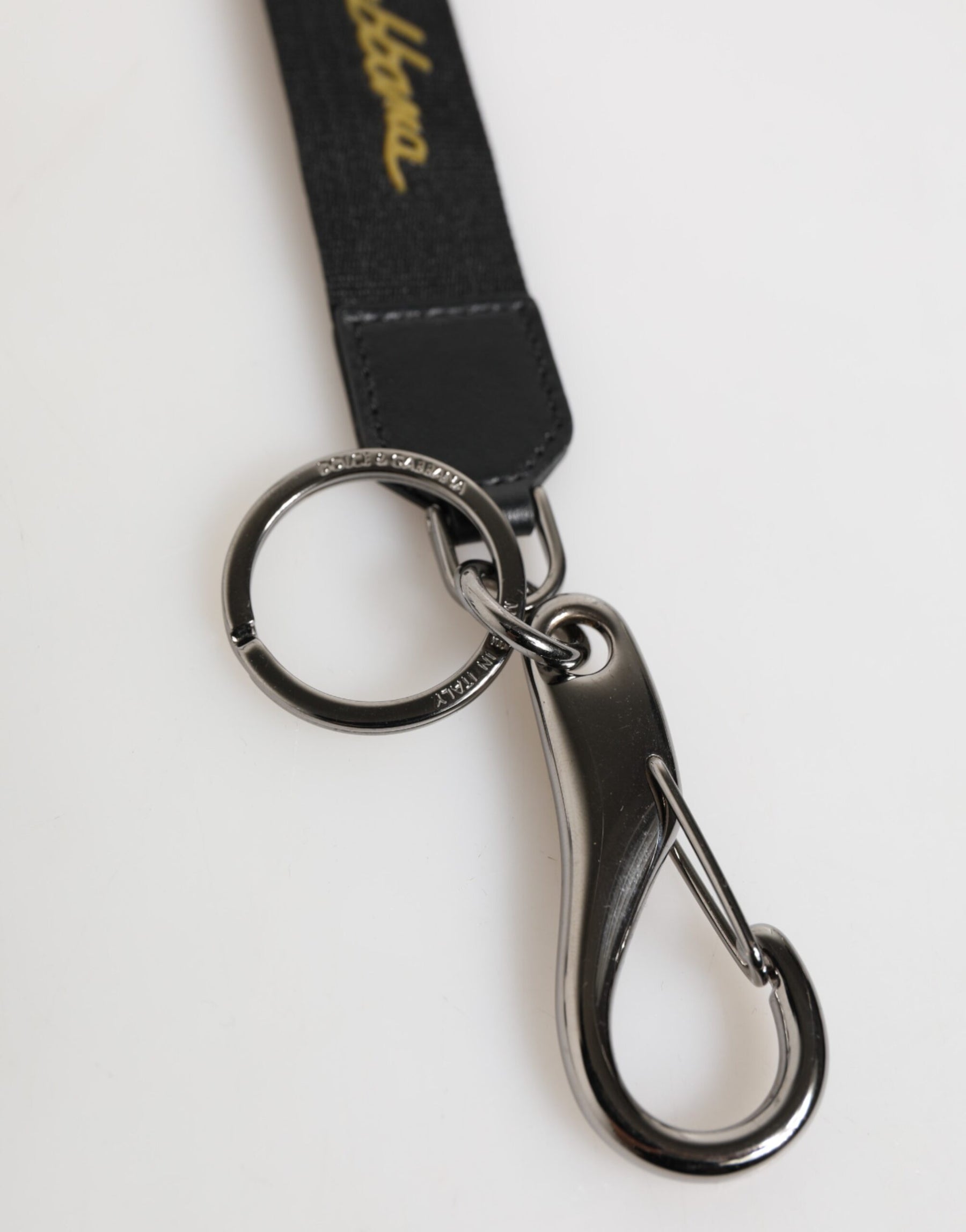 Dolce & Gabbana Black Yellow Polyester DG Logo Silver Keychain Keyring | Regal Royce