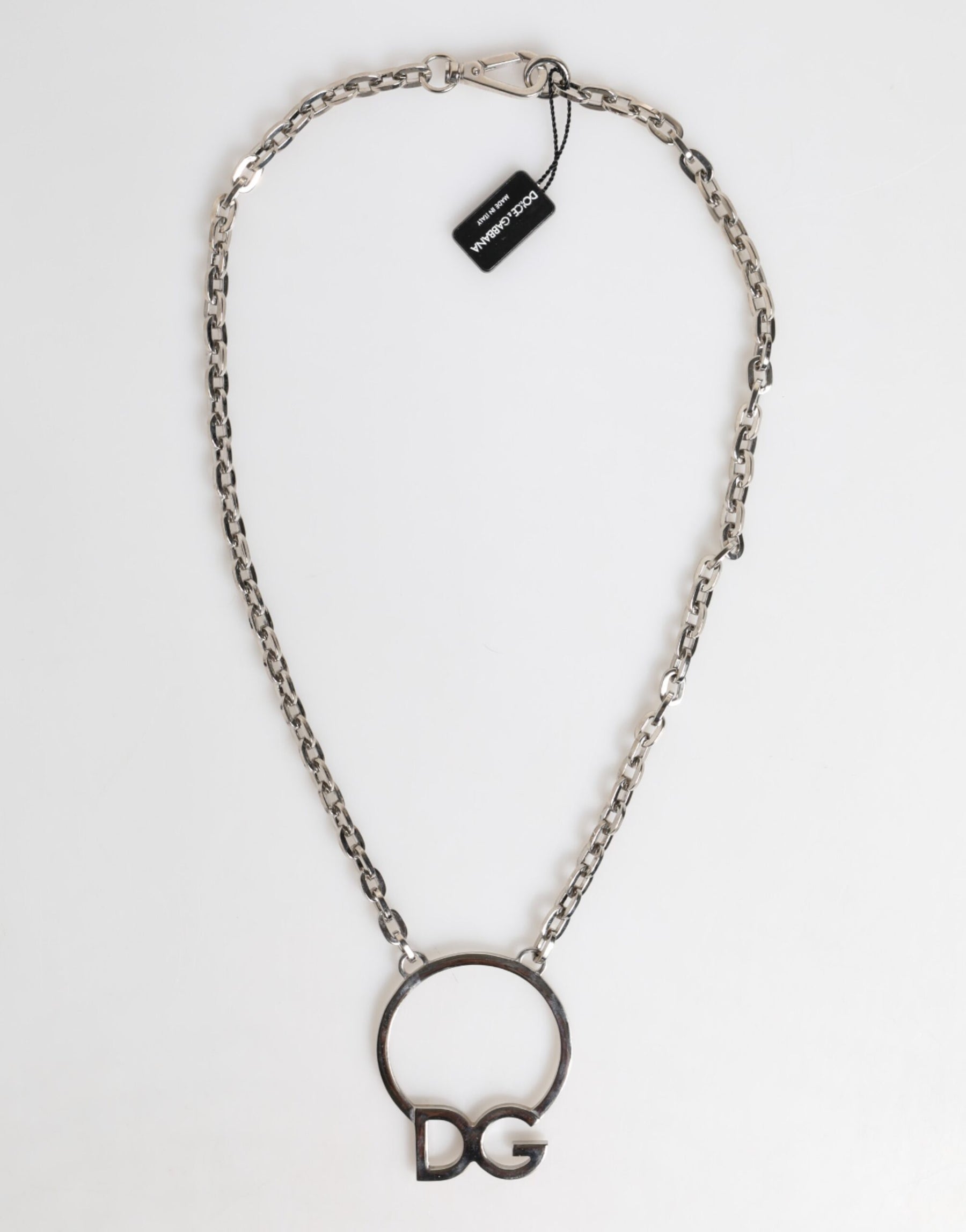 Dolce & Gabbana Silver Tone Brass Chain DG Logo Pendant Men Necklace | Regal Royce