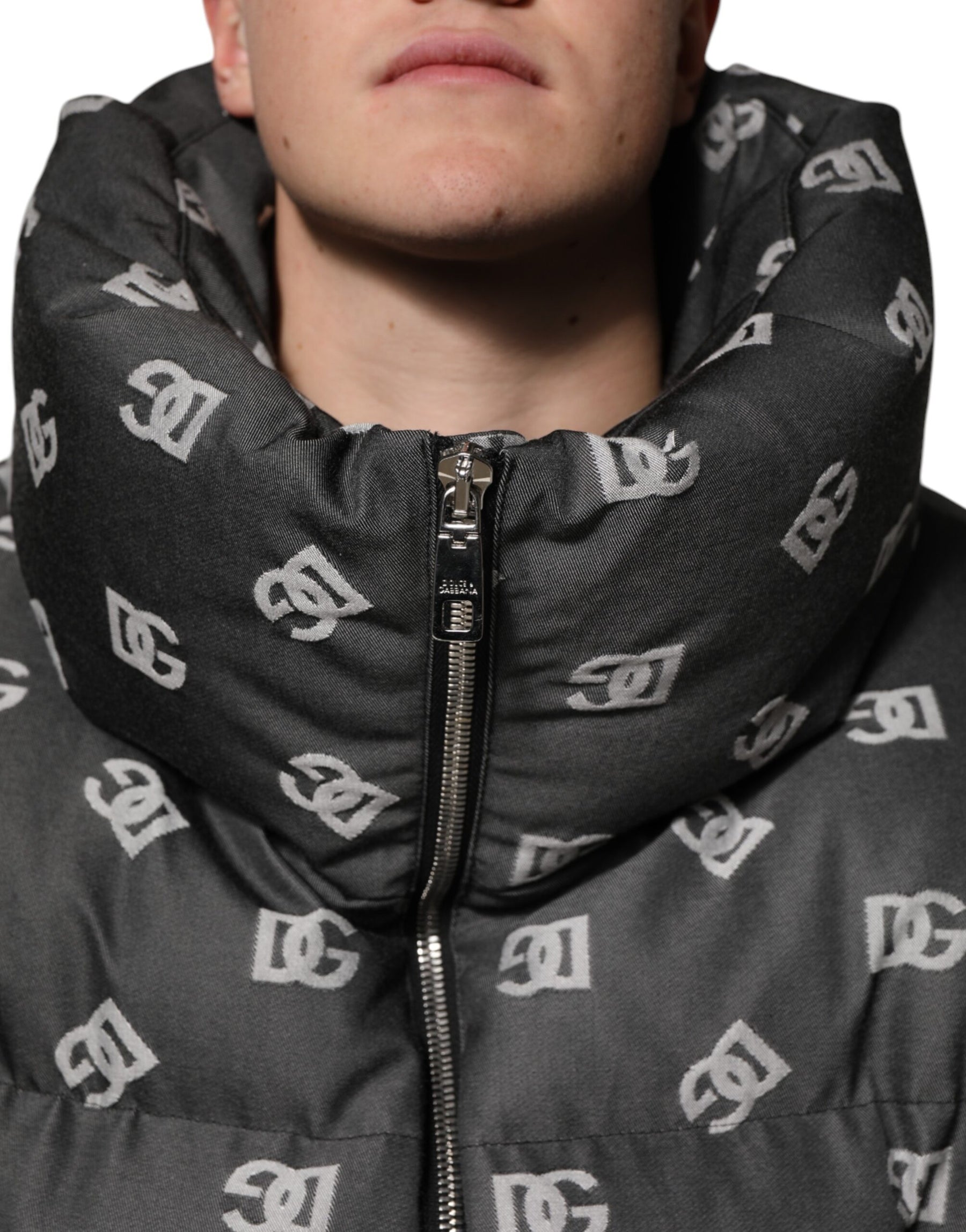 Dolce & Gabbana Black DG Monogram Full Zip Puffer Men Jacket | Regal Royce