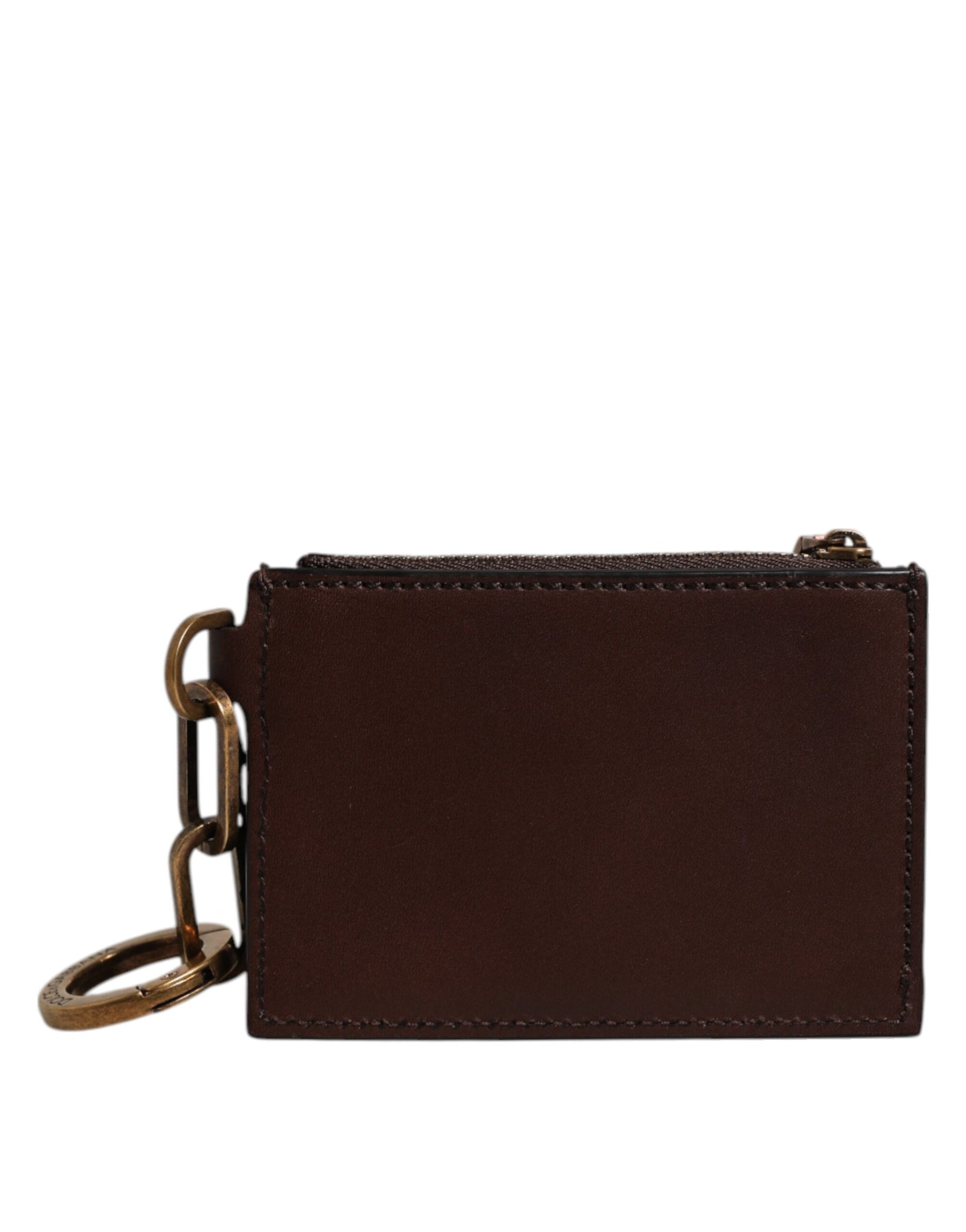 Dolce & Gabbana Brown Calf Leather Zip Logo Keyring Coin Purse Men Wallet | Regal Royce