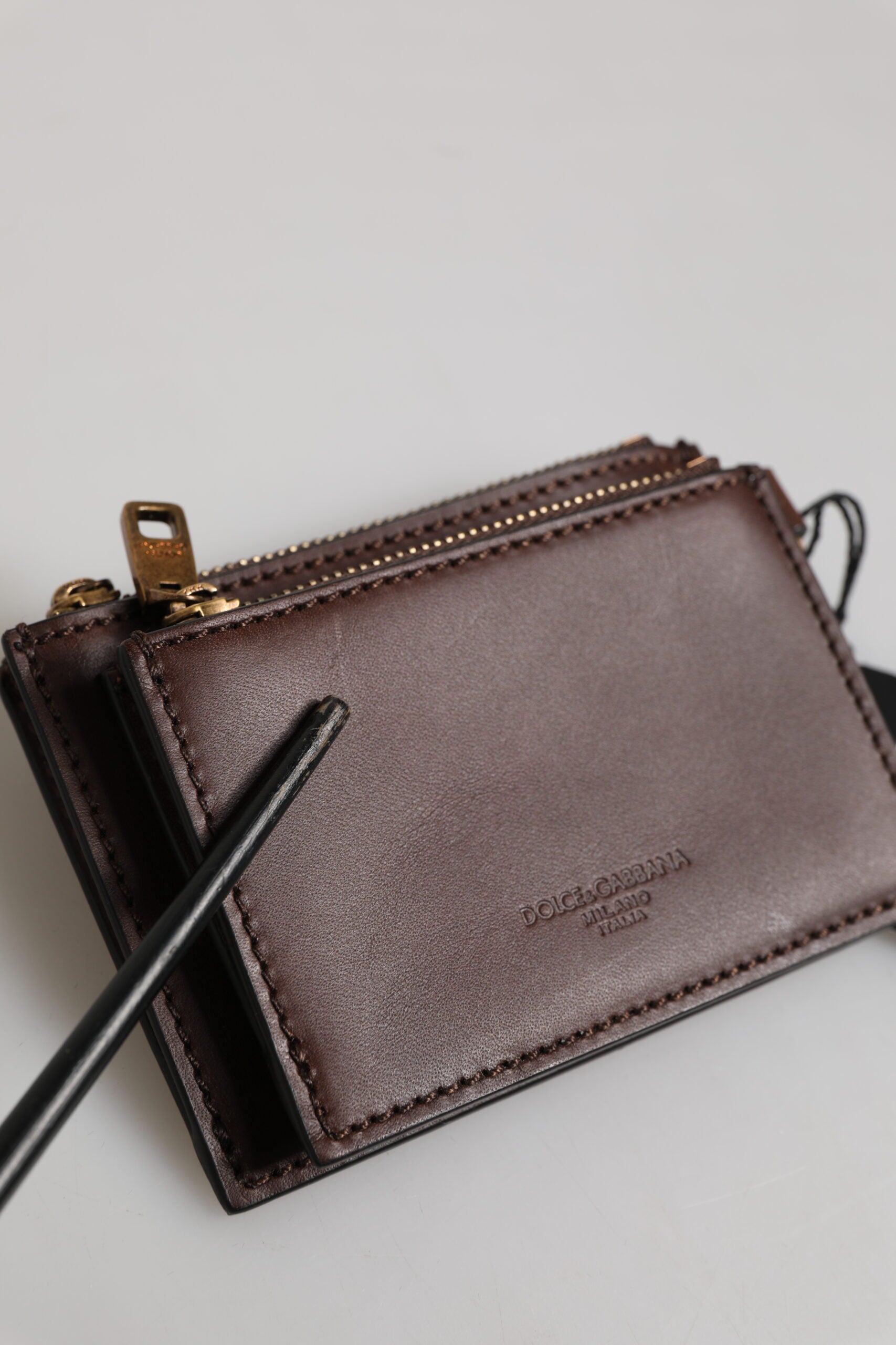 Dolce & Gabbana Brown Calf Leather Zip Logo Keyring Coin Purse Men Wallet | Regal Royce