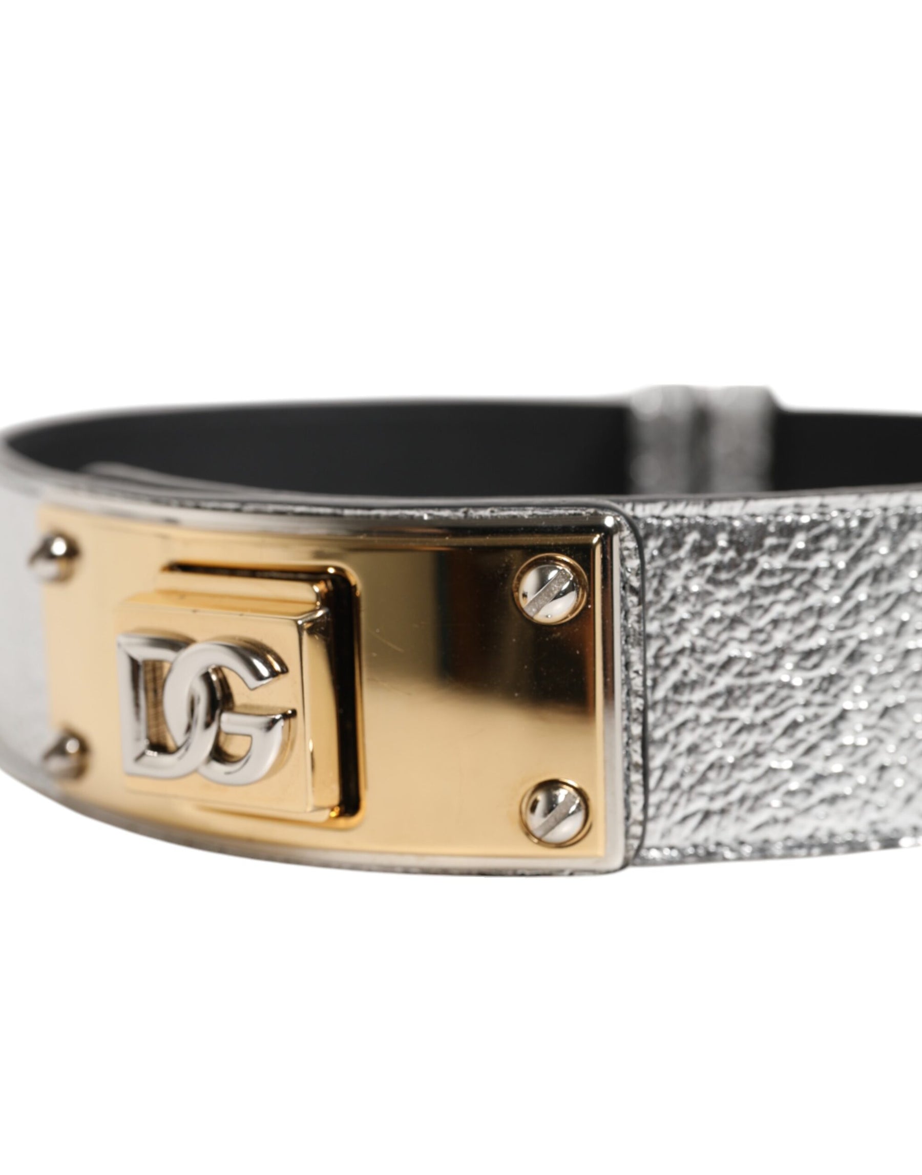 Dolce & Gabbana Silver Textured Leather Gold Tone Metal Neckband | Regal Royce