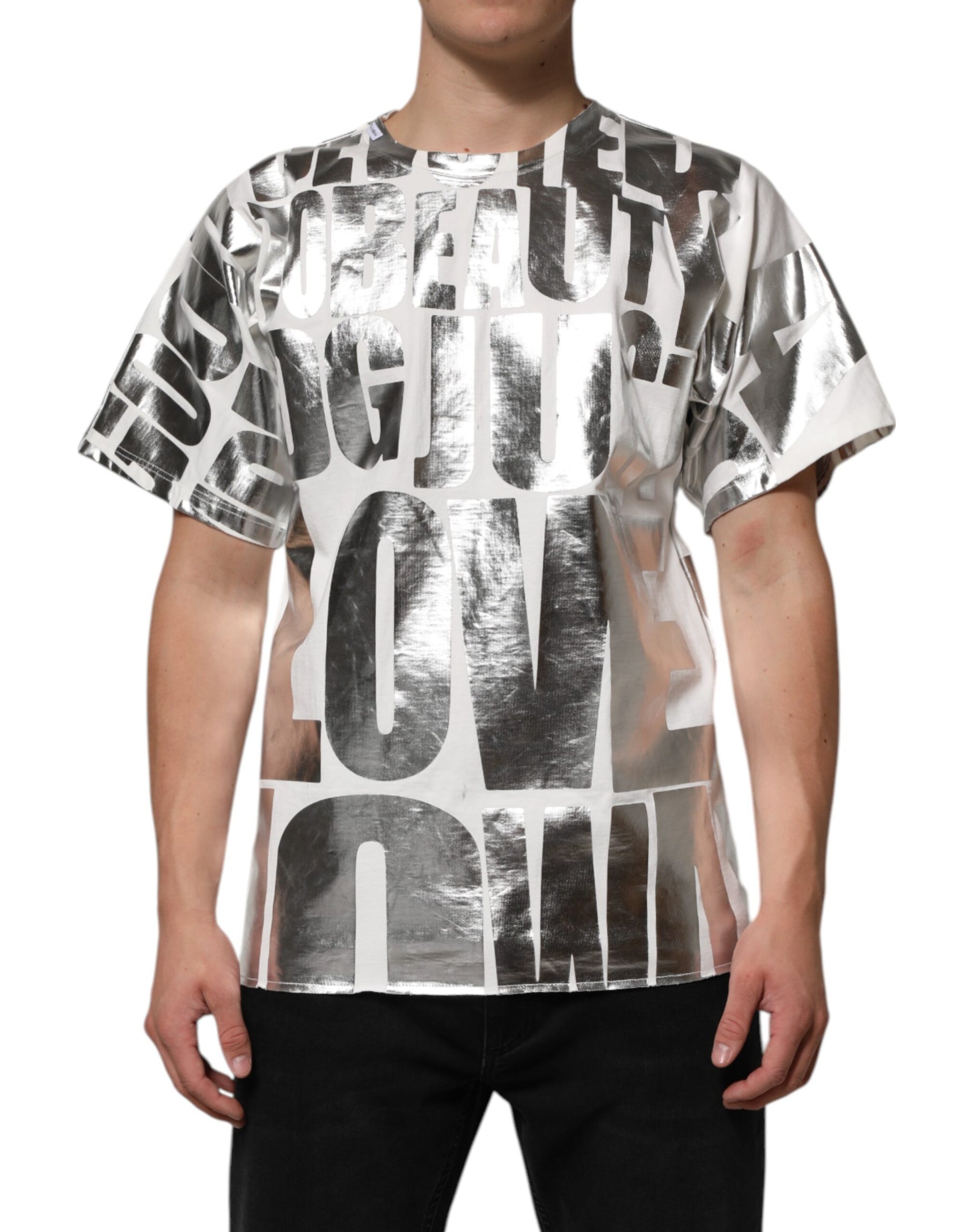 Dolce & Gabbana White Metallic Print Cotton CrewNeck T-shirt | Regal Royce