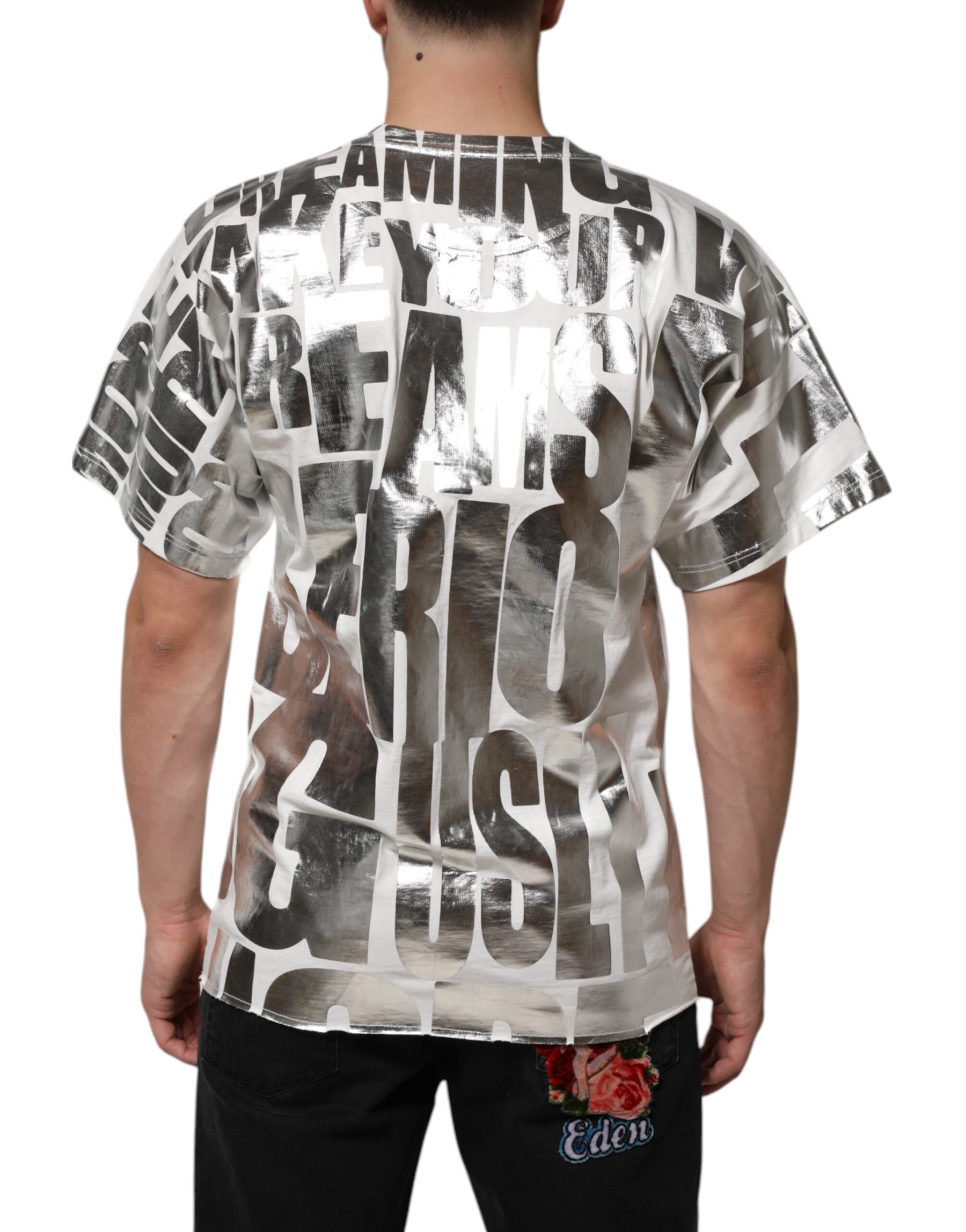 Dolce & Gabbana White Metallic Print Cotton CrewNeck T-shirt | Regal Royce