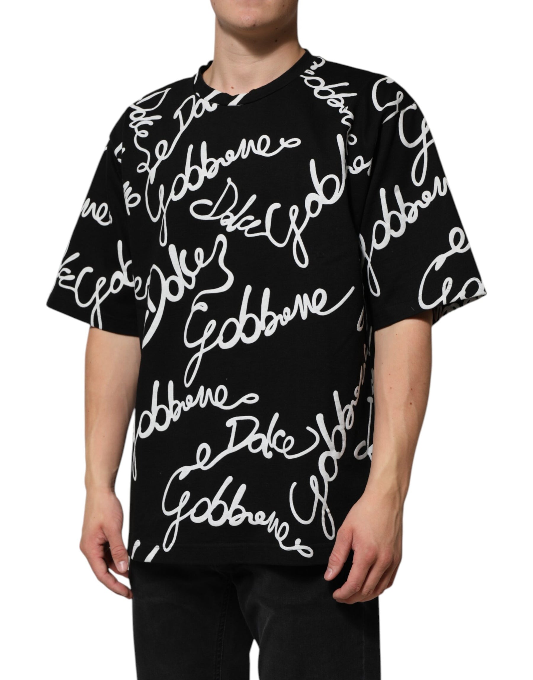 Dolce & Gabbana Black Logo Print Cotton Crew Neck T-shirt | Regal Royce