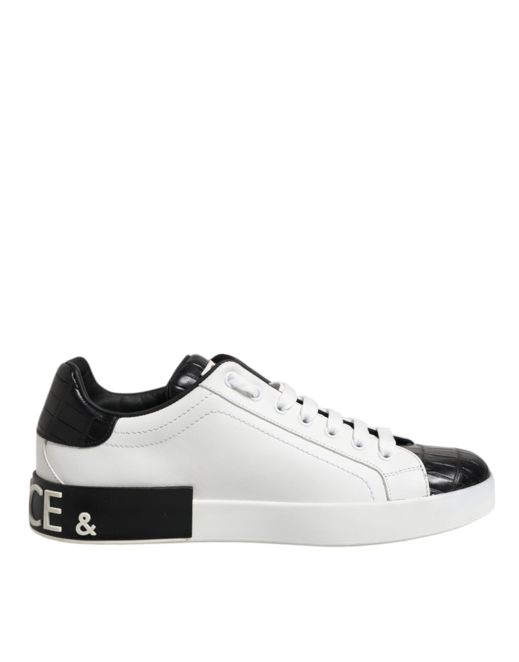 Dolce & Gabbana White Black Leather Portofino Sneaker Shoes | Regal Royce