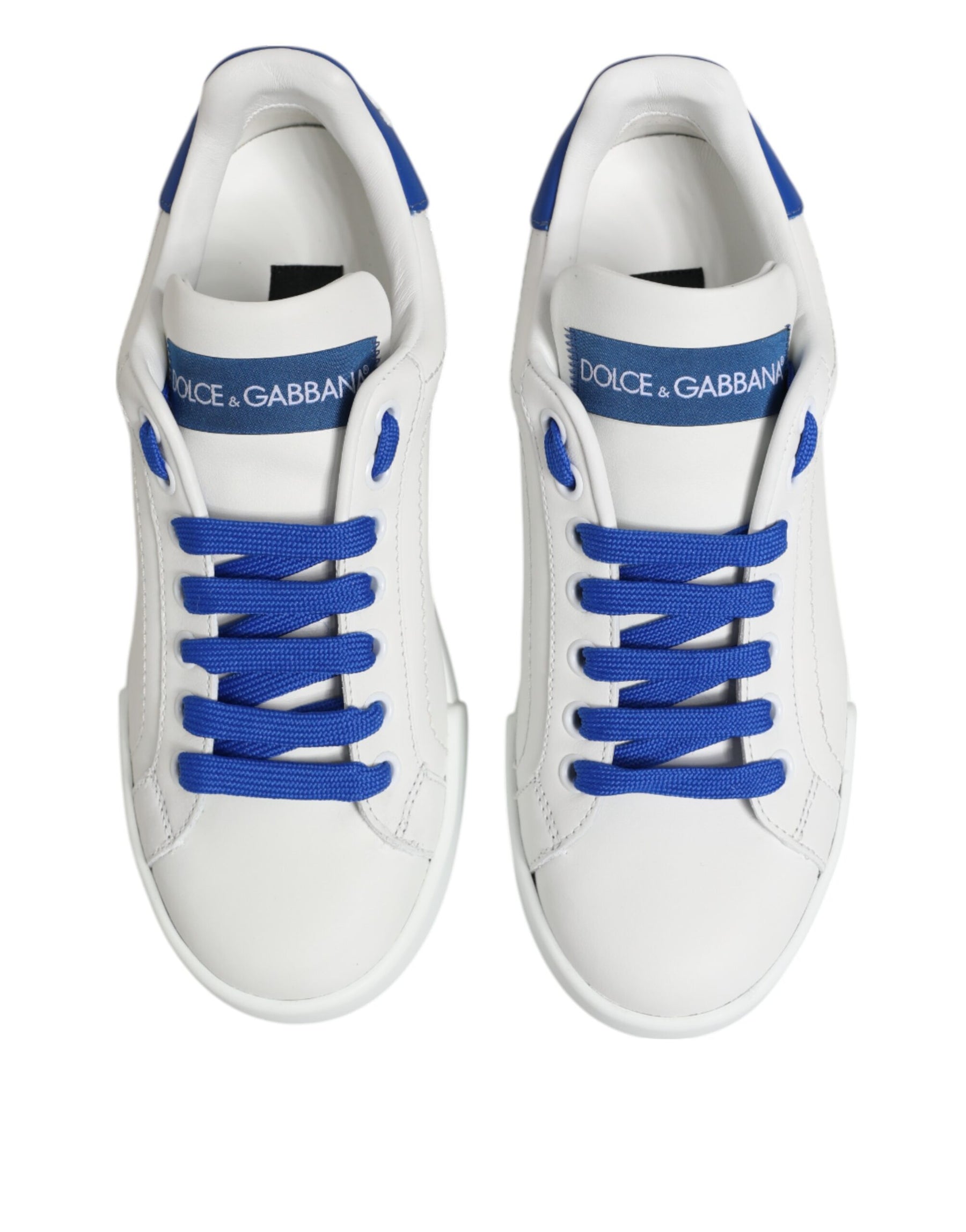 Dolce & Gabbana White Blue Leather Low Top Sneakers Shoes | Regal Royce