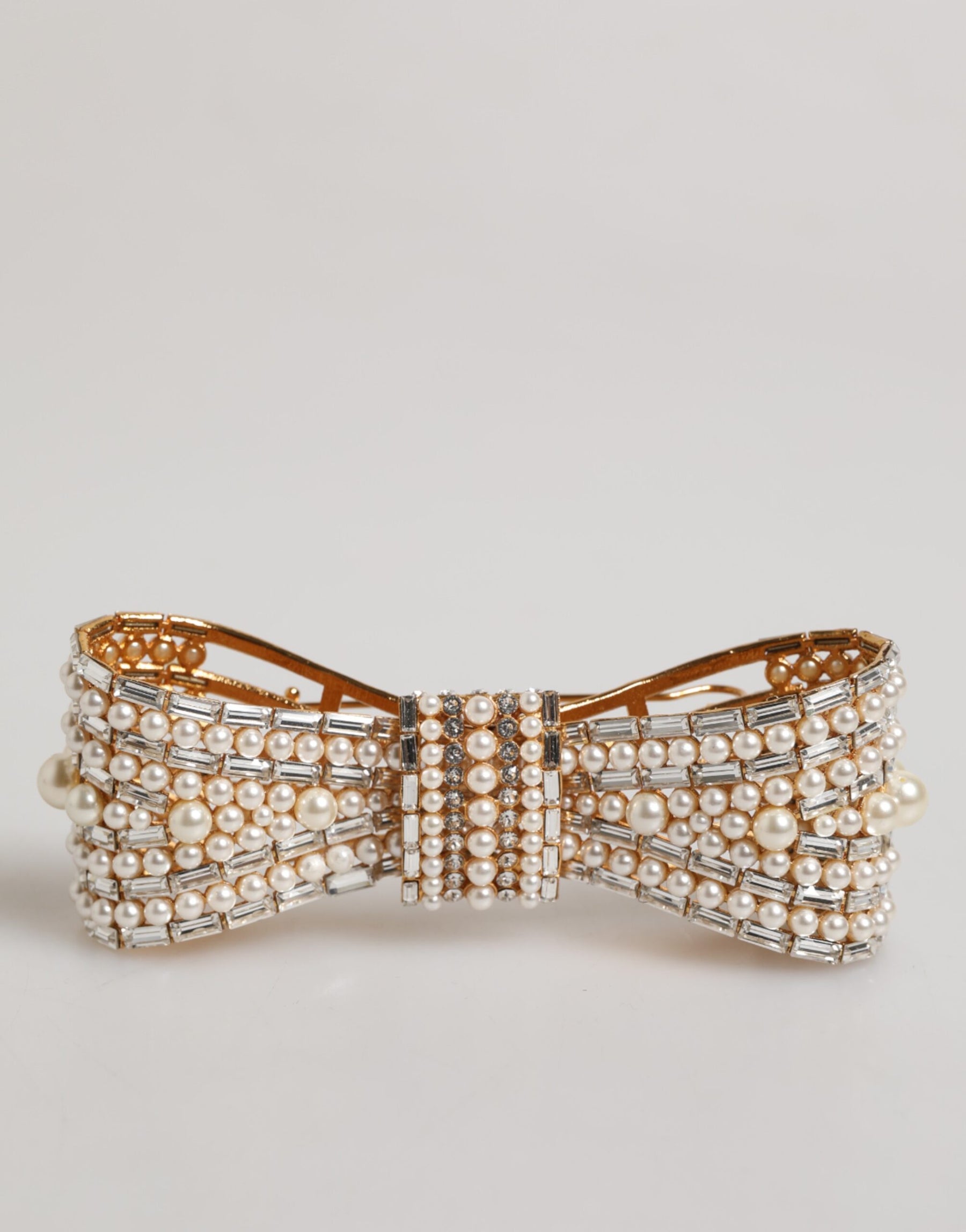 Dolce & Gabbana Gold Tone Brass Bow Crystal FauxPearl Embellished Brooch | Regal Royce