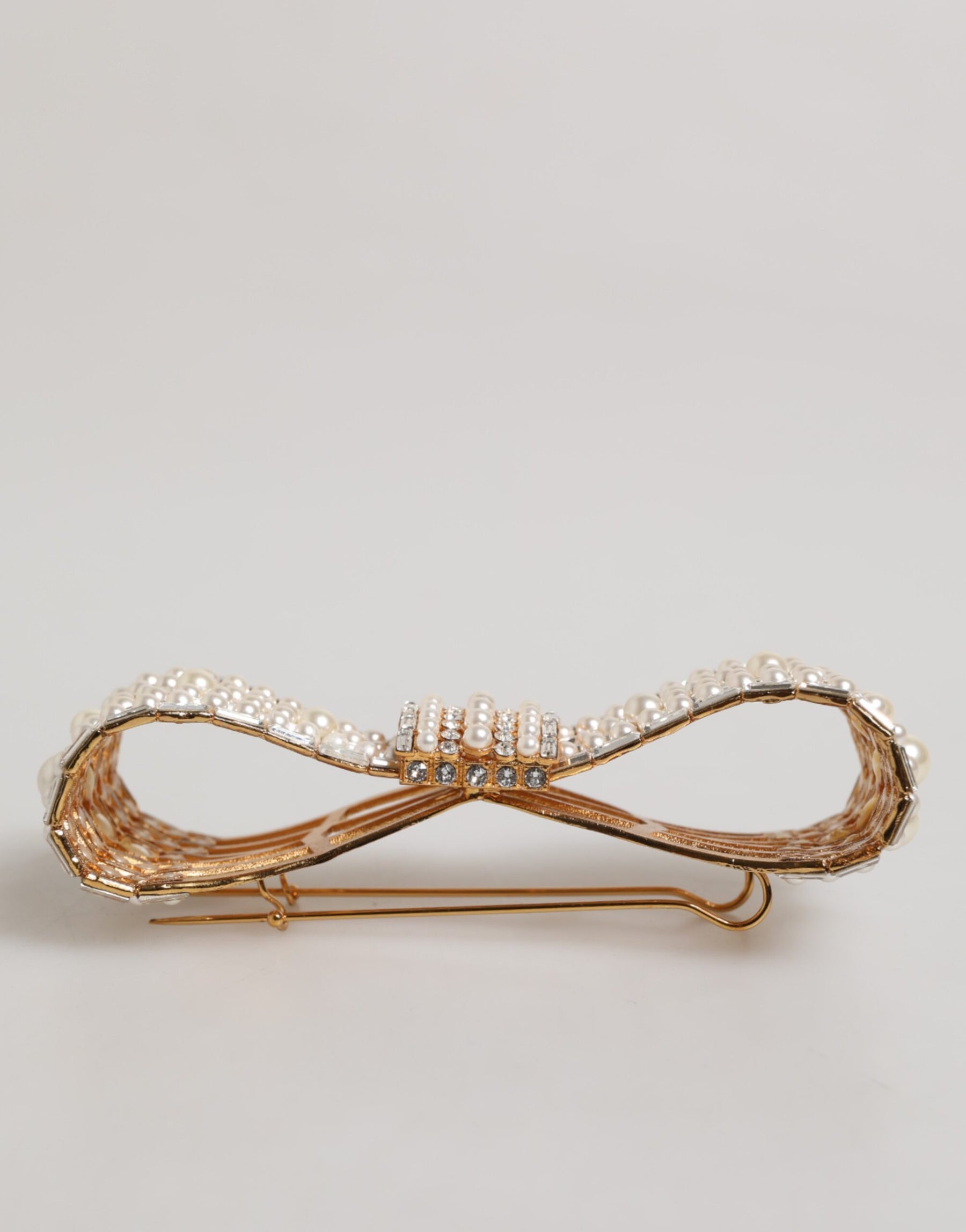 Dolce & Gabbana Gold Tone Brass Bow Crystal FauxPearl Embellished Brooch | Regal Royce