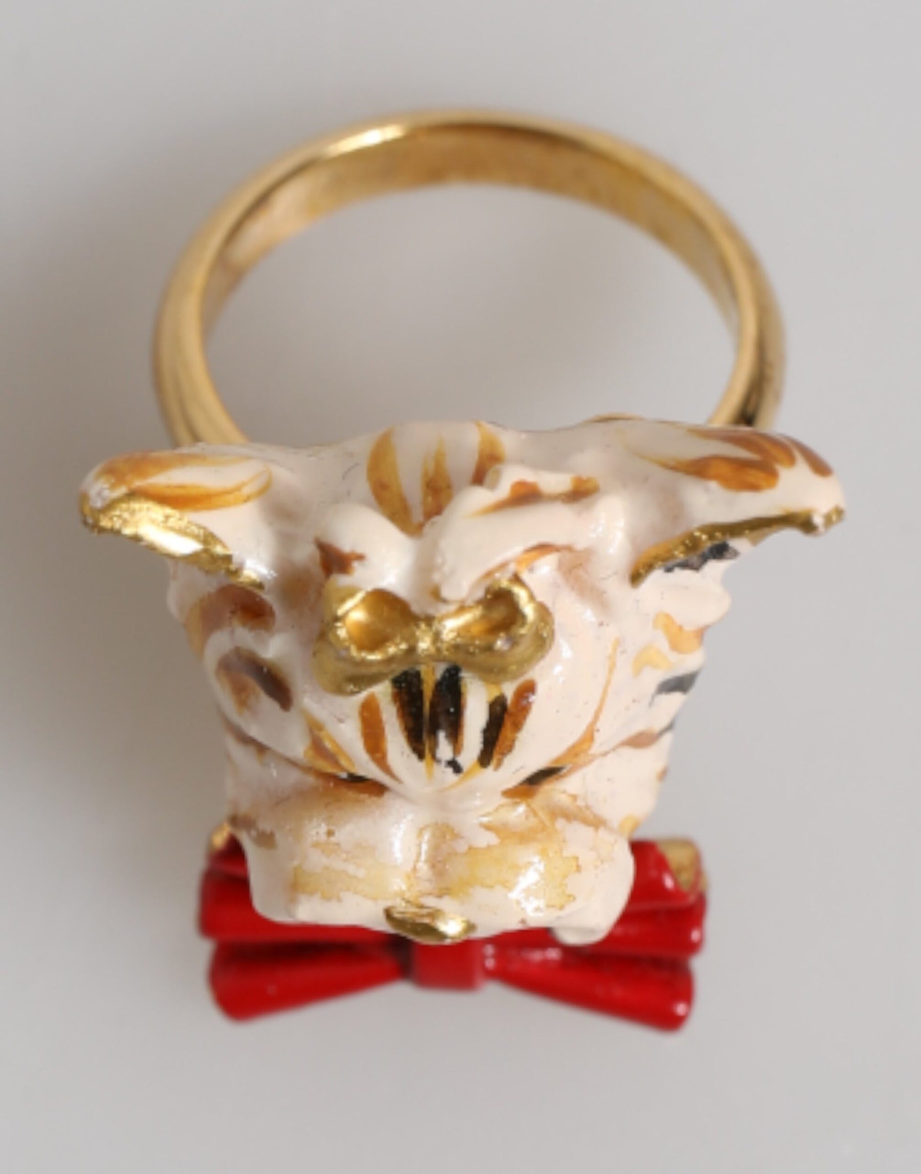 Dolce & Gabbana Gold Brass Resin Beige Dog Pet Accessory Ring | Regal Royce