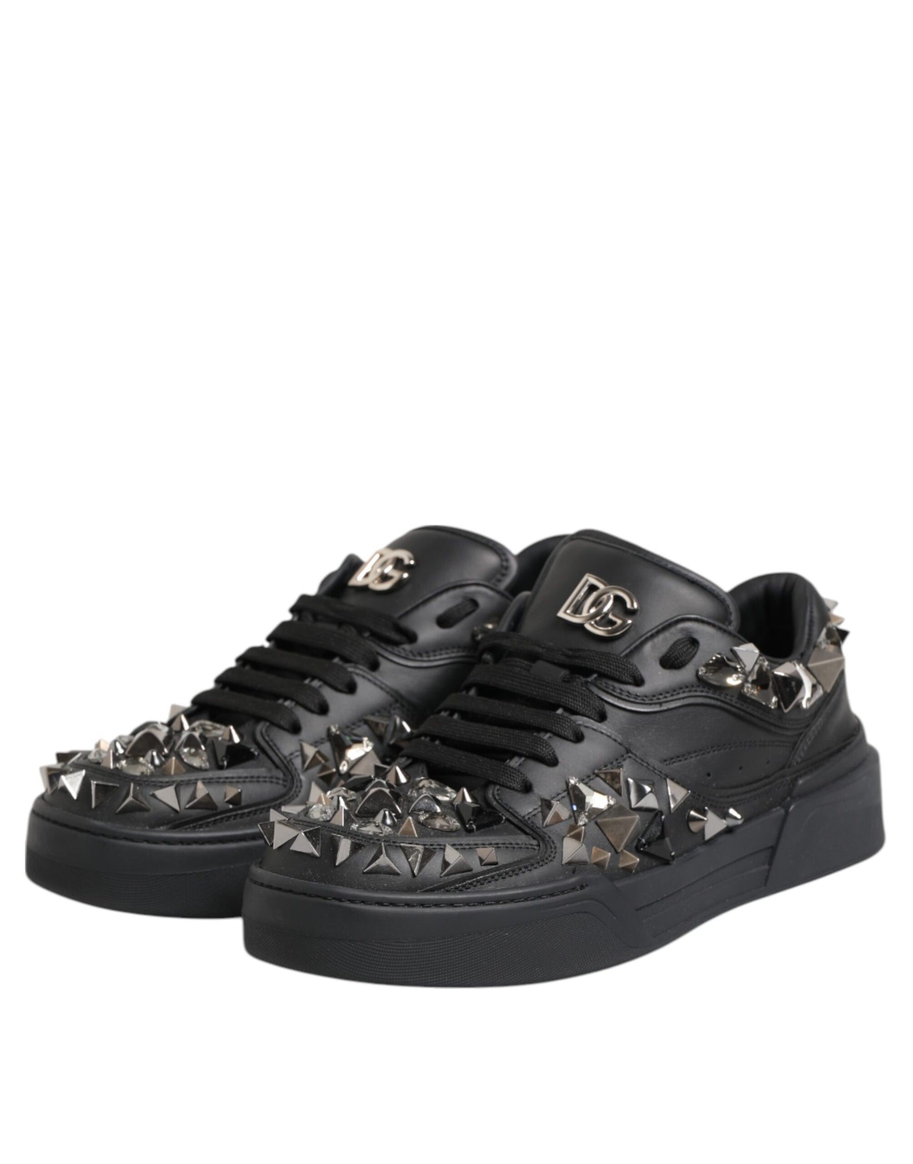 Dolce & Gabbana Black Leather Studded Low Top Sneakers Shoes | Regal Royce