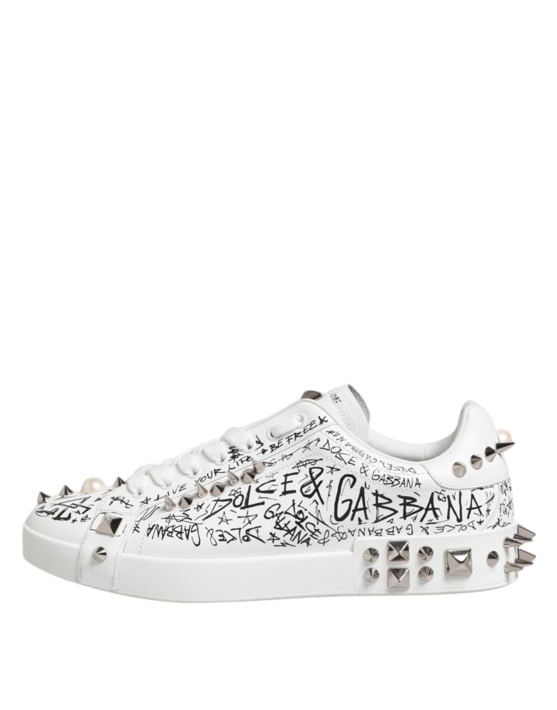Dolce & Gabbana White Portofino Studded Men Sneakers Shoes | Regal Royce