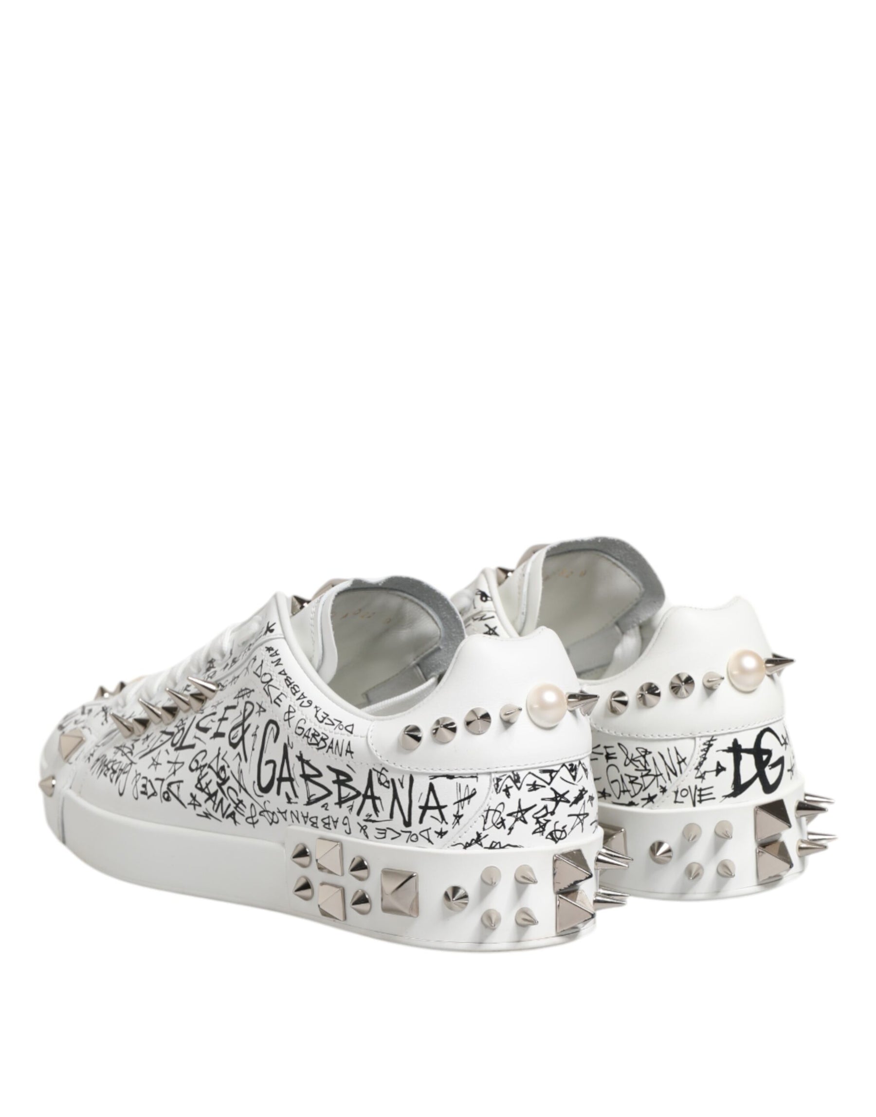 Dolce & Gabbana White Portofino Studded Men Sneakers Shoes | Regal Royce