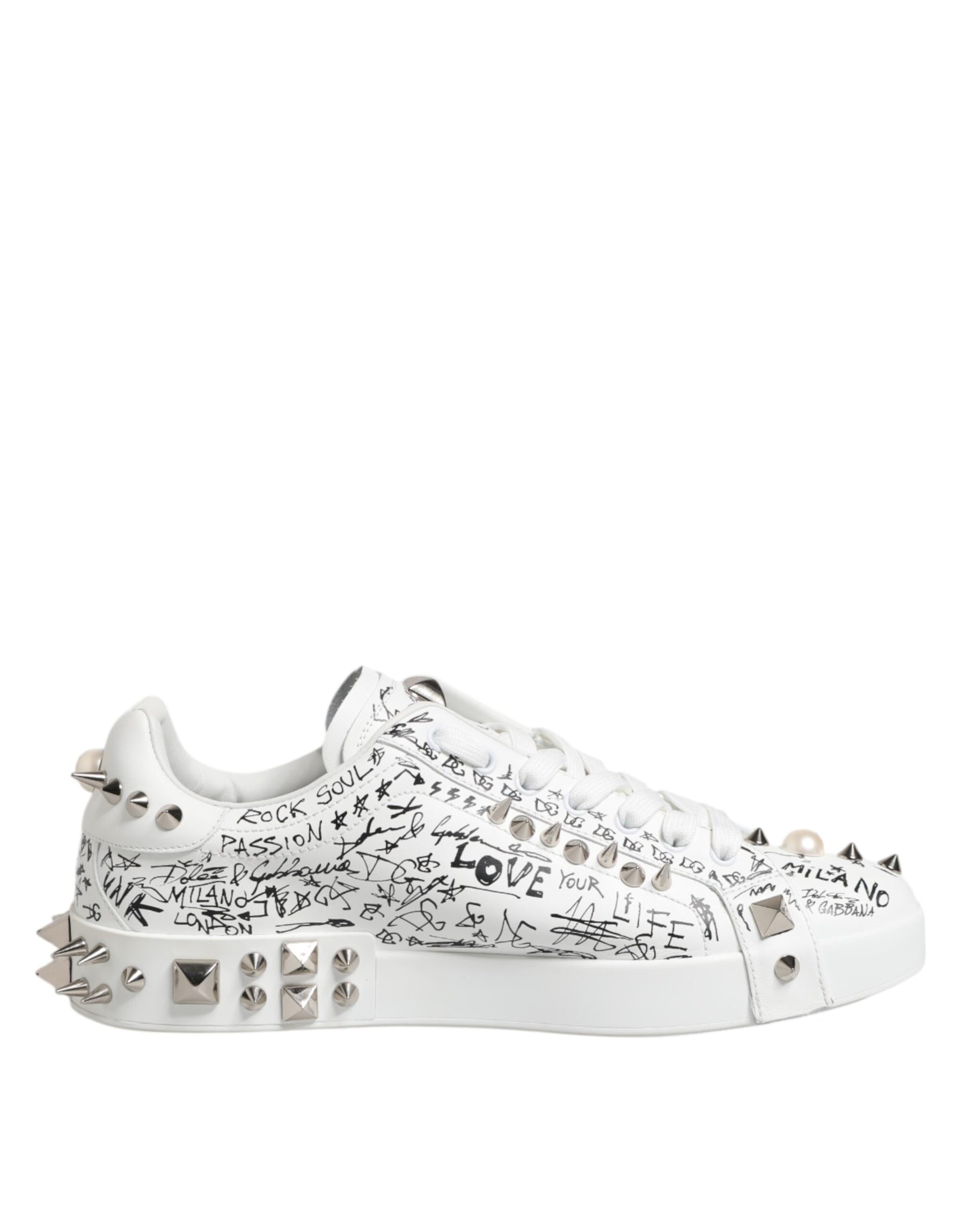 Dolce & Gabbana White Portofino Studded Men Sneakers Shoes | Regal Royce