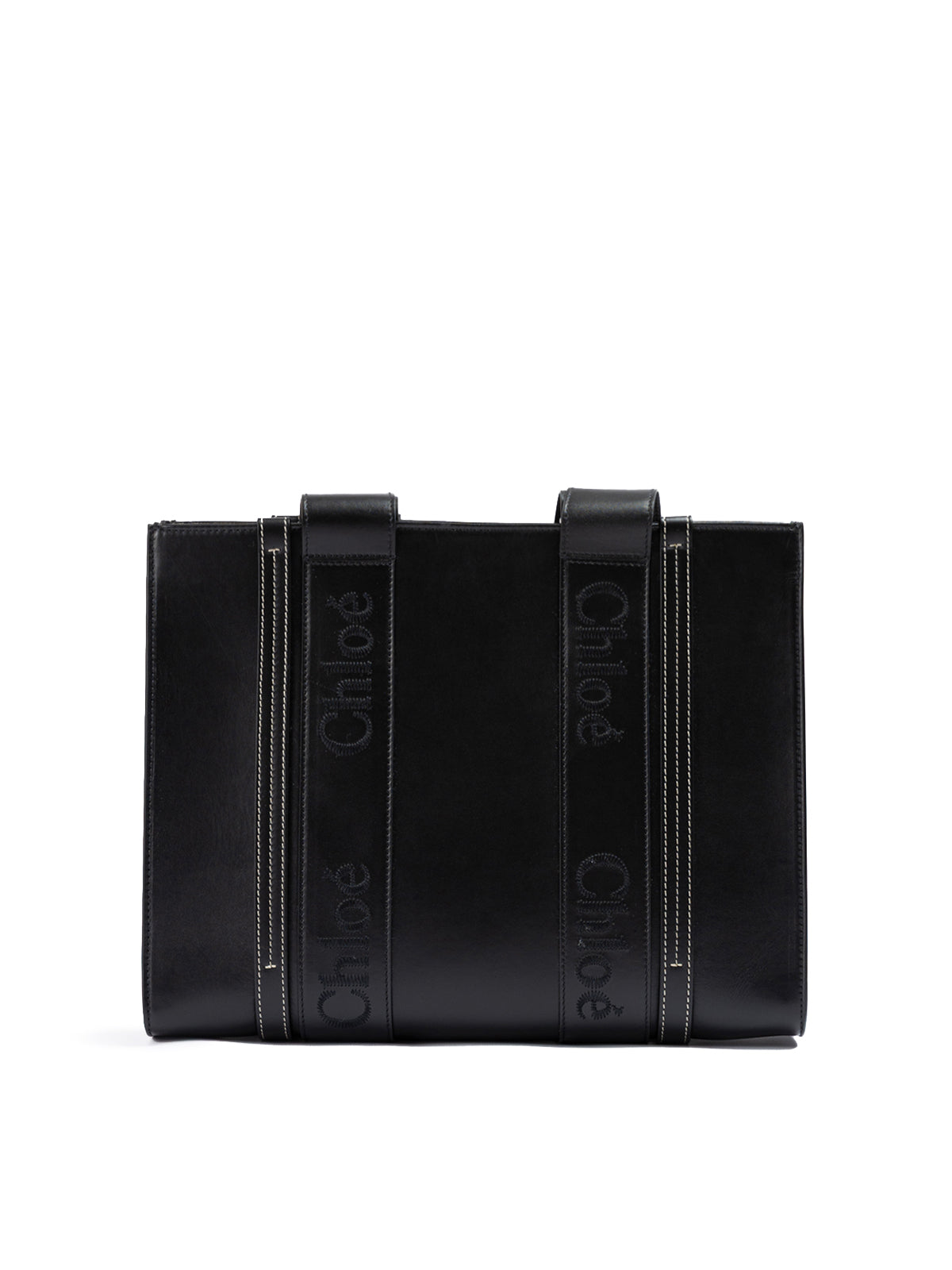 Chloé Black Woody Embroidered Logo Leather Medium Tote Bag | Regal Royce