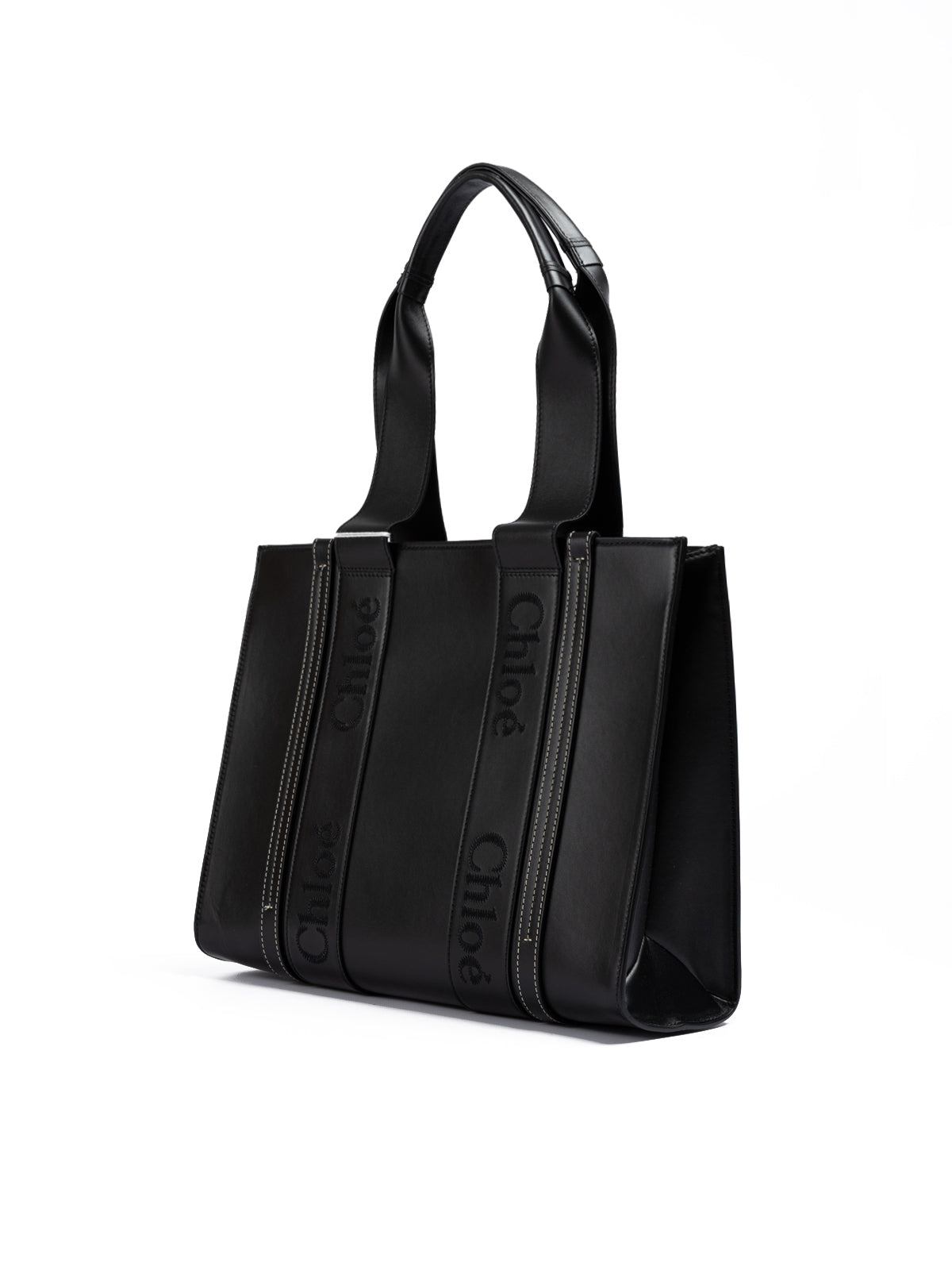 Chloé Black Woody Embroidered Logo Leather Medium Tote Bag | Regal Royce