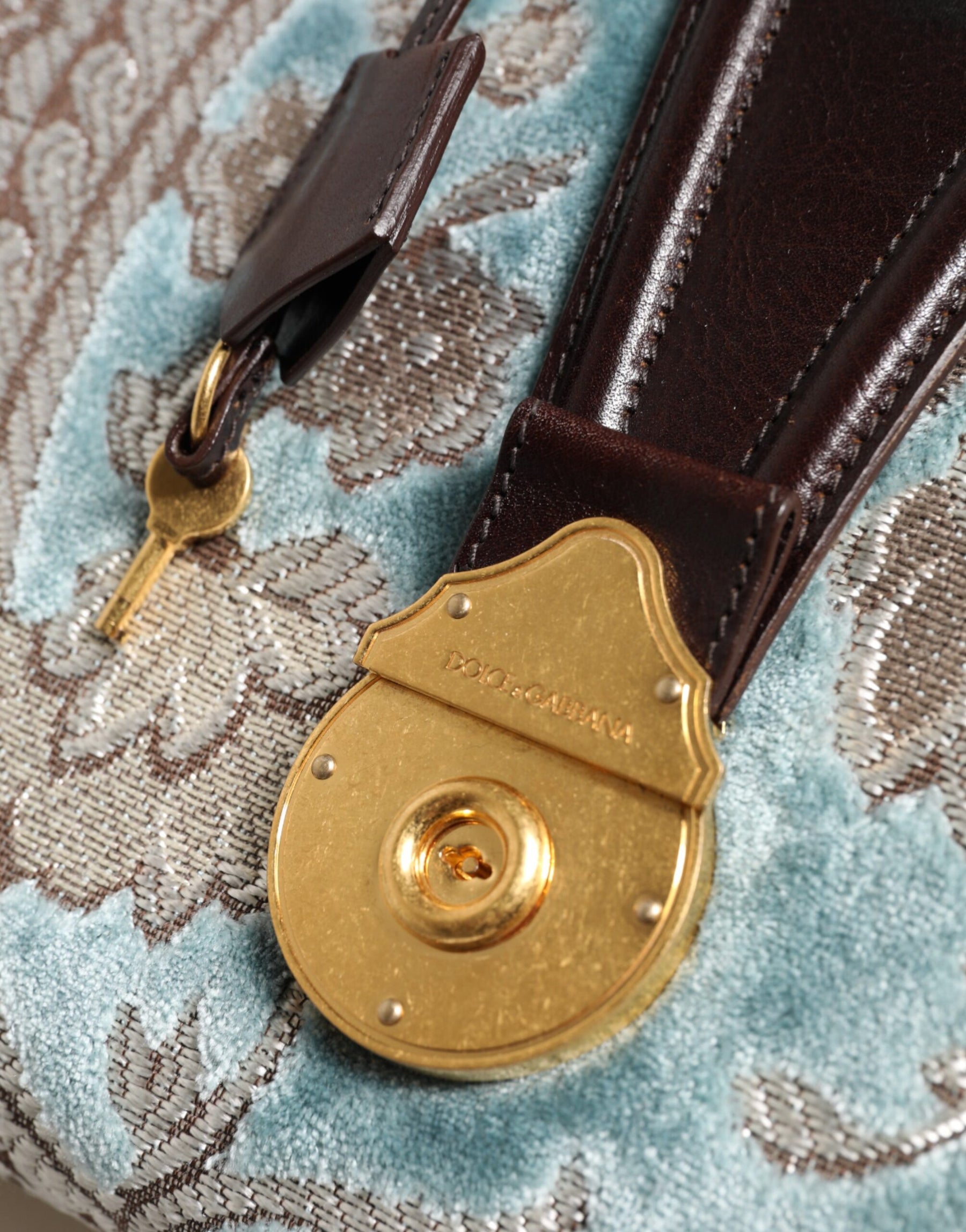 Dolce & Gabbana Blue Brown Leather Floral Jacquard Travel Handbag Bag | Regal Royce