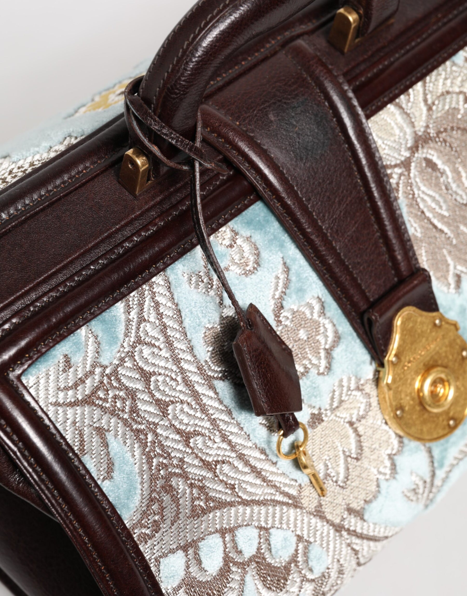 Dolce & Gabbana Blue Brown Leather Floral Jacquard Travel Handbag Bag | Regal Royce