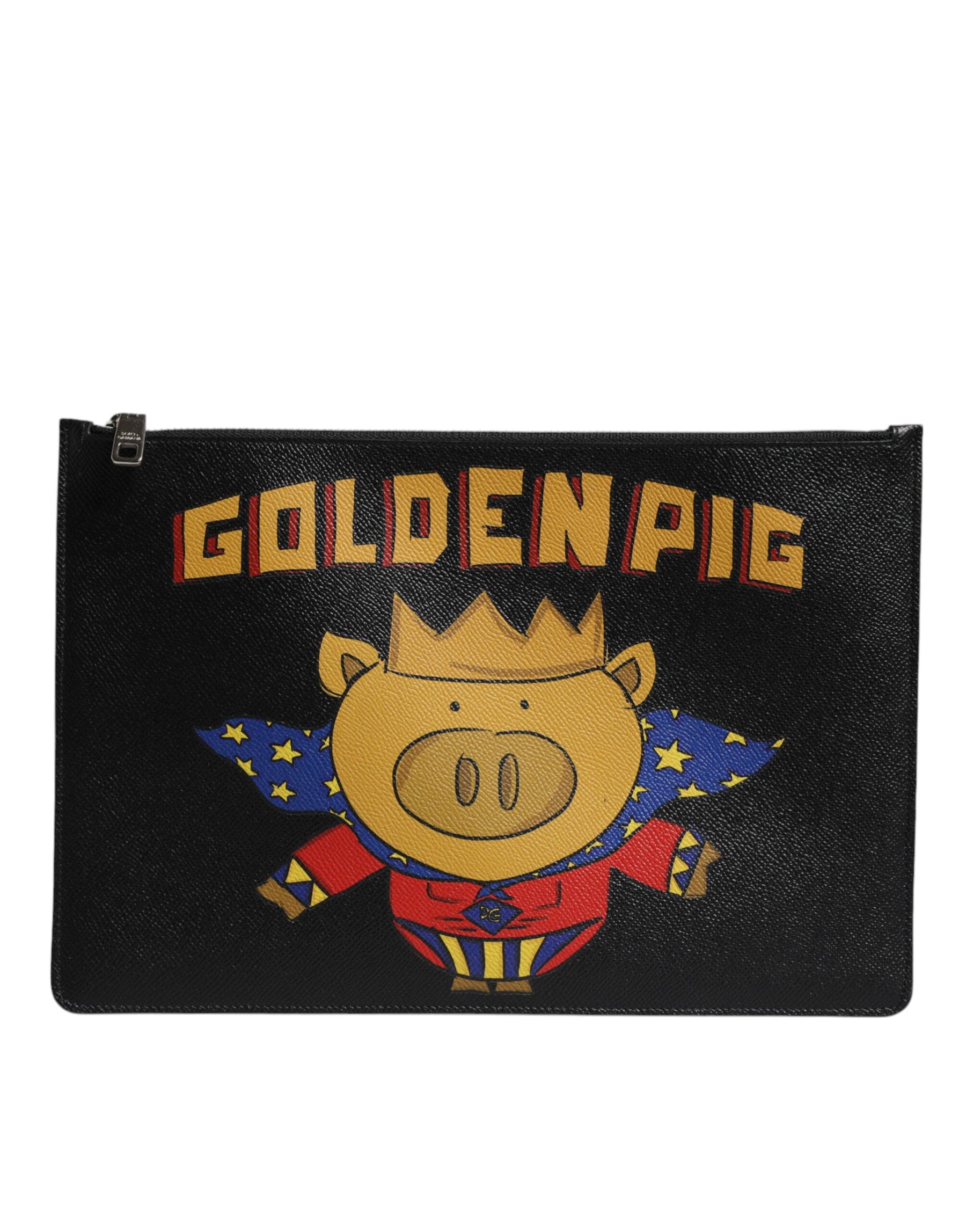Dolce & Gabbana Black Leather Golden Pig Print Men Clutch Pouch Borse Bag | Regal Royce