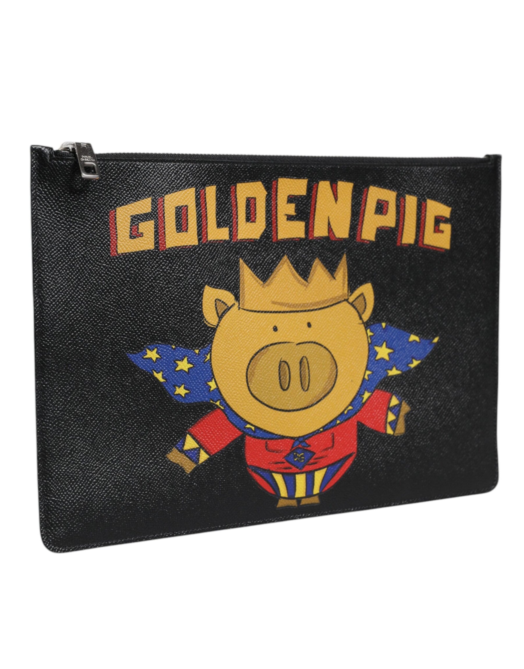 Dolce & Gabbana Black Leather Golden Pig Print Men Clutch Pouch Borse Bag | Regal Royce