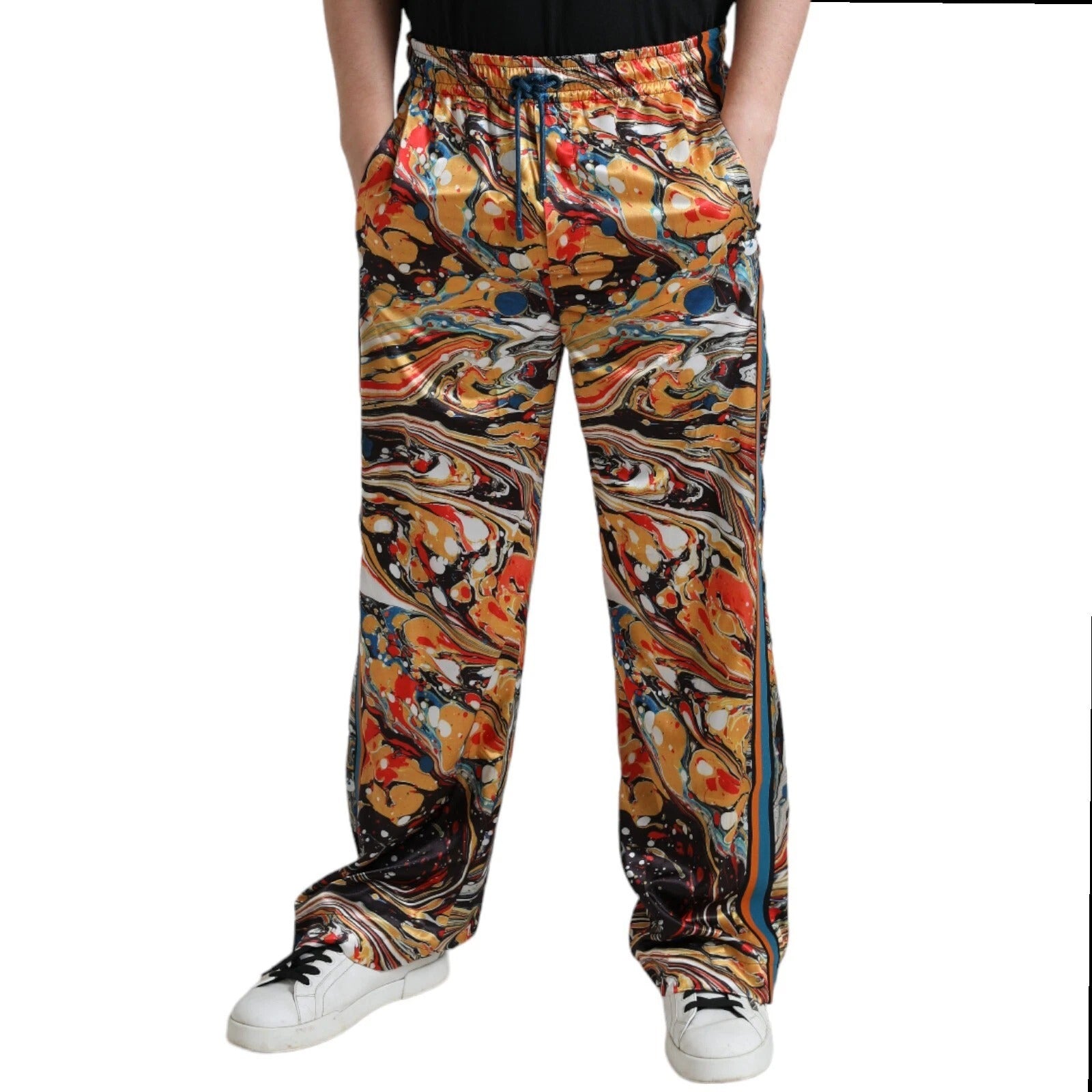 Dolce & Gabbana Multicolor Marble Print Satin Trouser Pants | Regal Royce