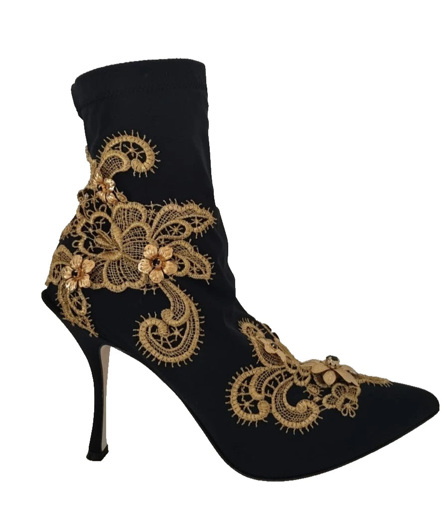 Dolce & Gabbana Black Gold Embroidery Crystal Boots Shoes | Regal Royce